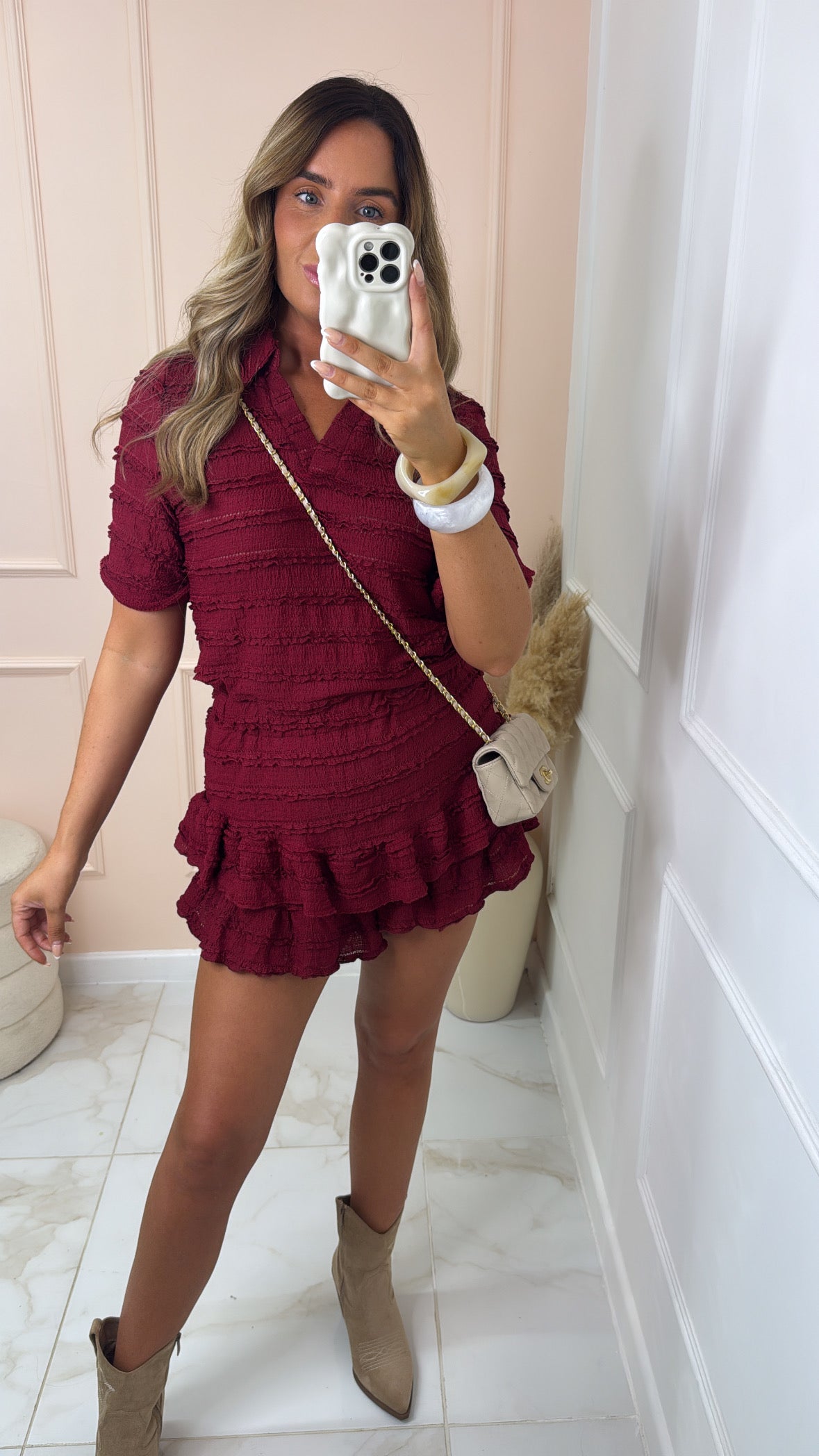 YAZMIN burgundy ruffle skort set