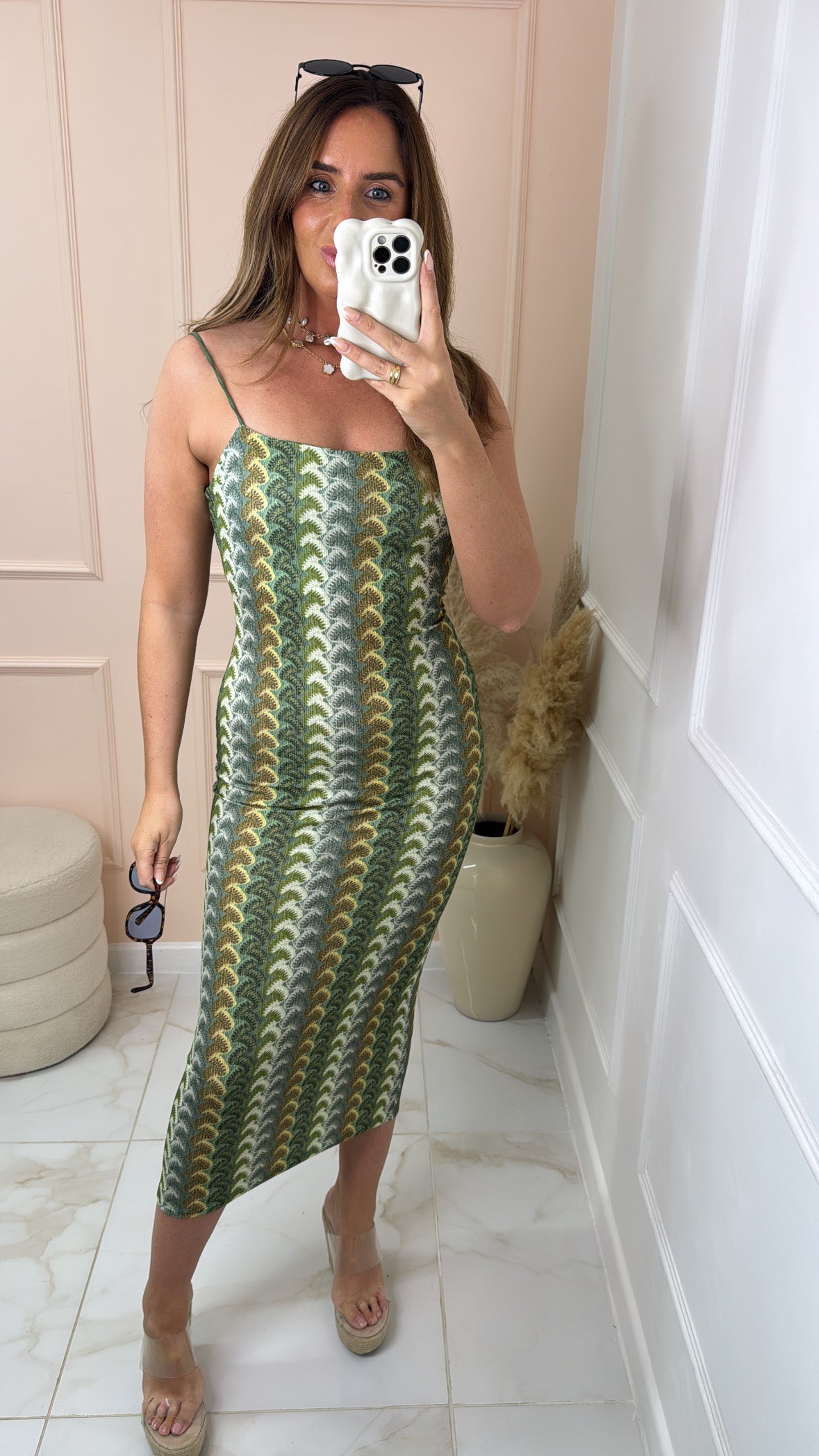 EMMA khaki zig zag wave print midi dress