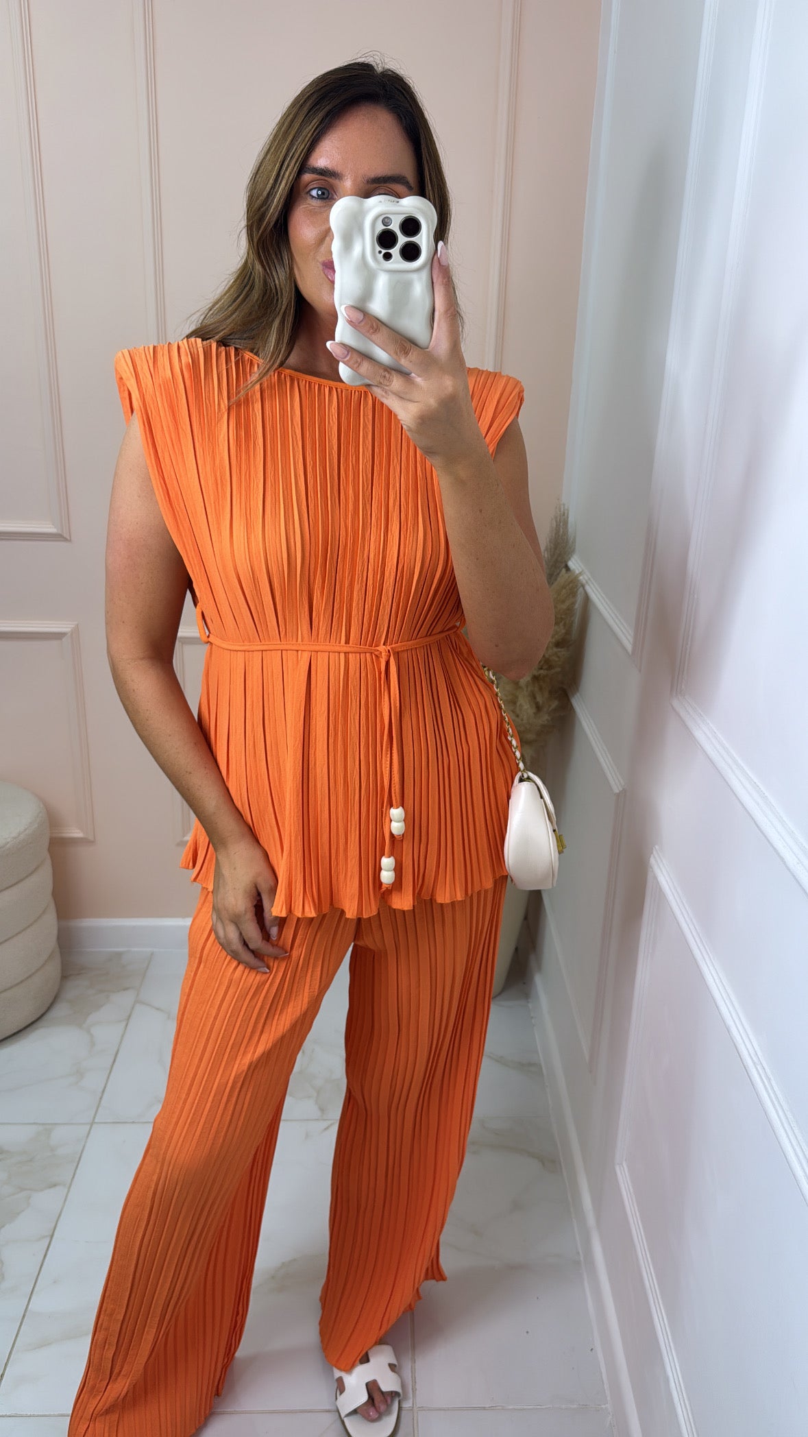 IZZY orange pleated shoulder pad trouser set