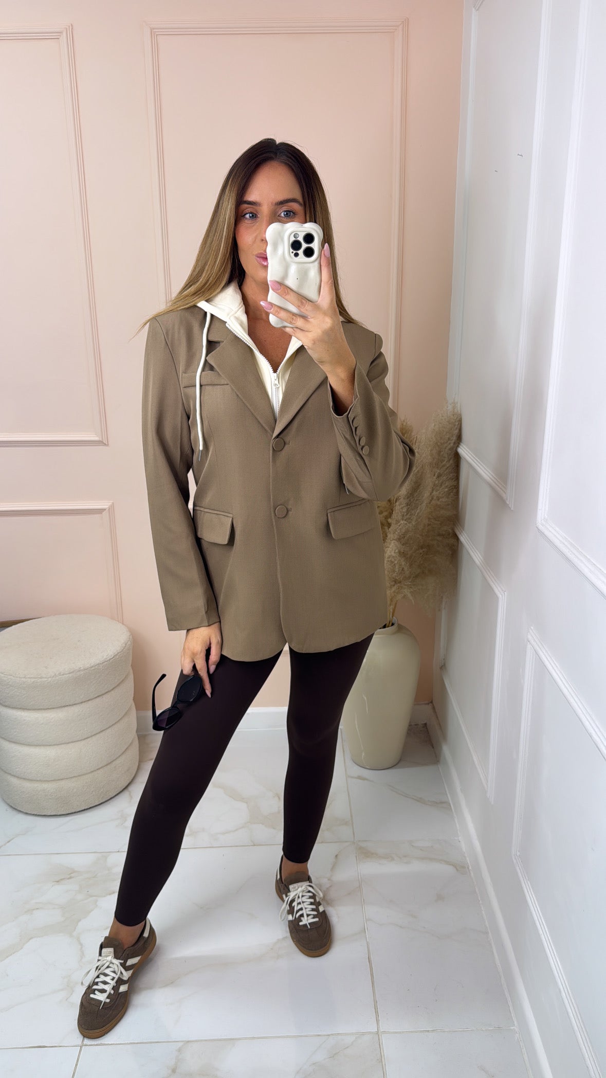 TARA taupe hooded longline blazer