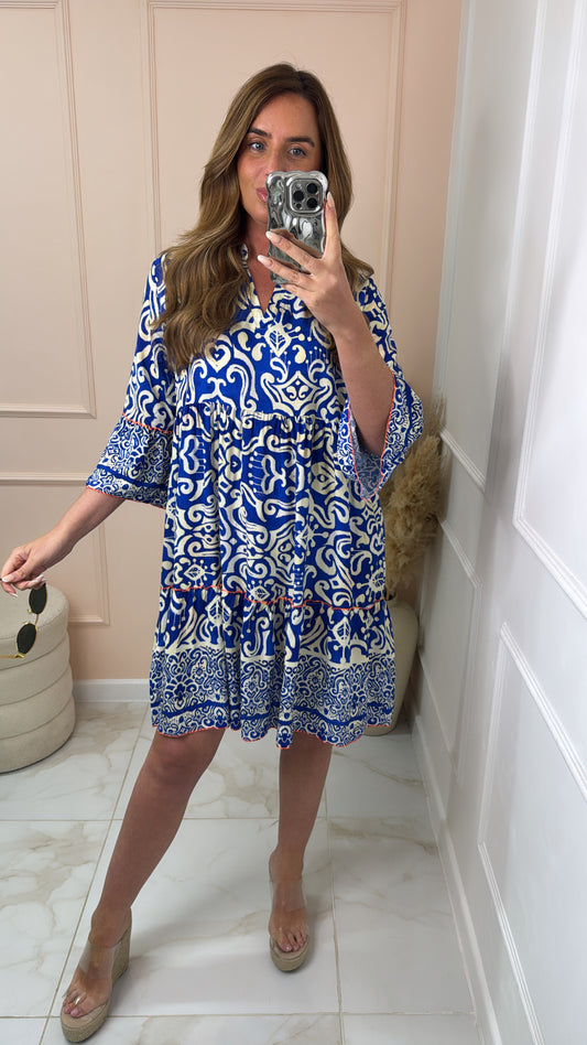 PHILLIPA cobalt blue printed smock dress