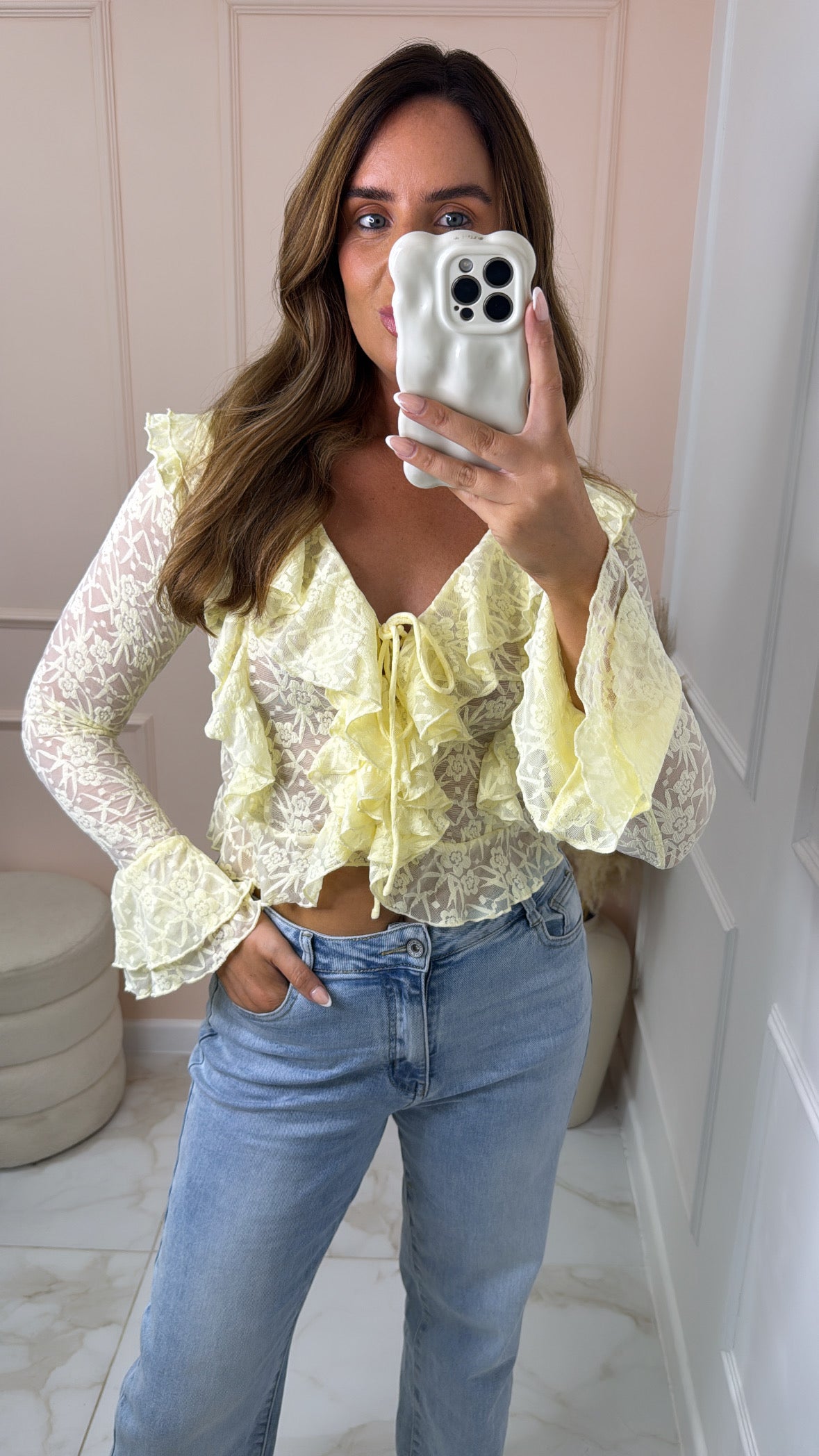 BRIELLE lemon sheer lace tie front blouse
