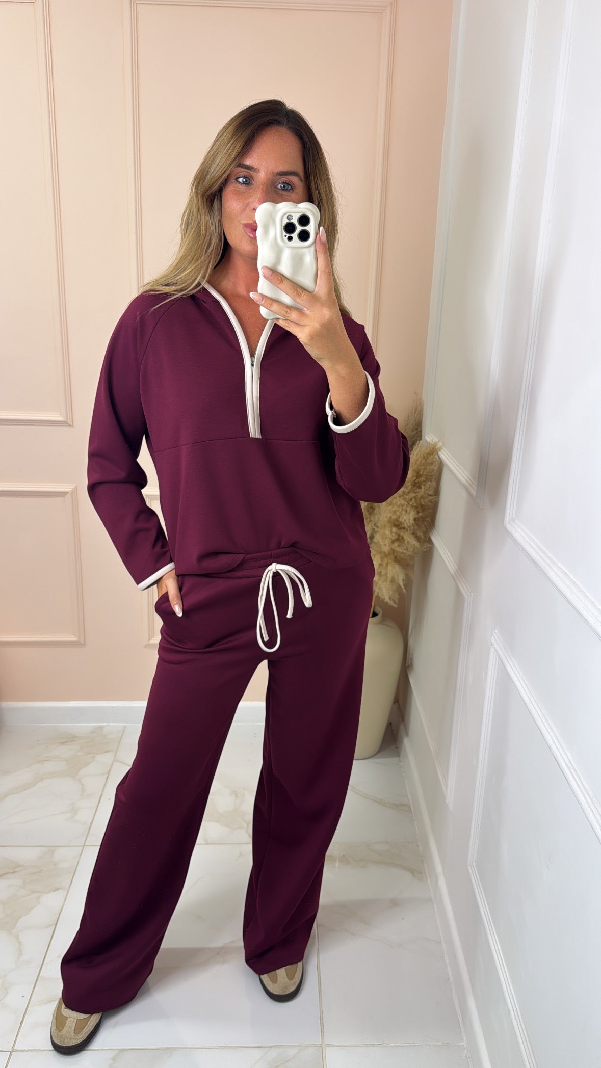 HOLLIE burgundy hooded half zip contrast lounge set