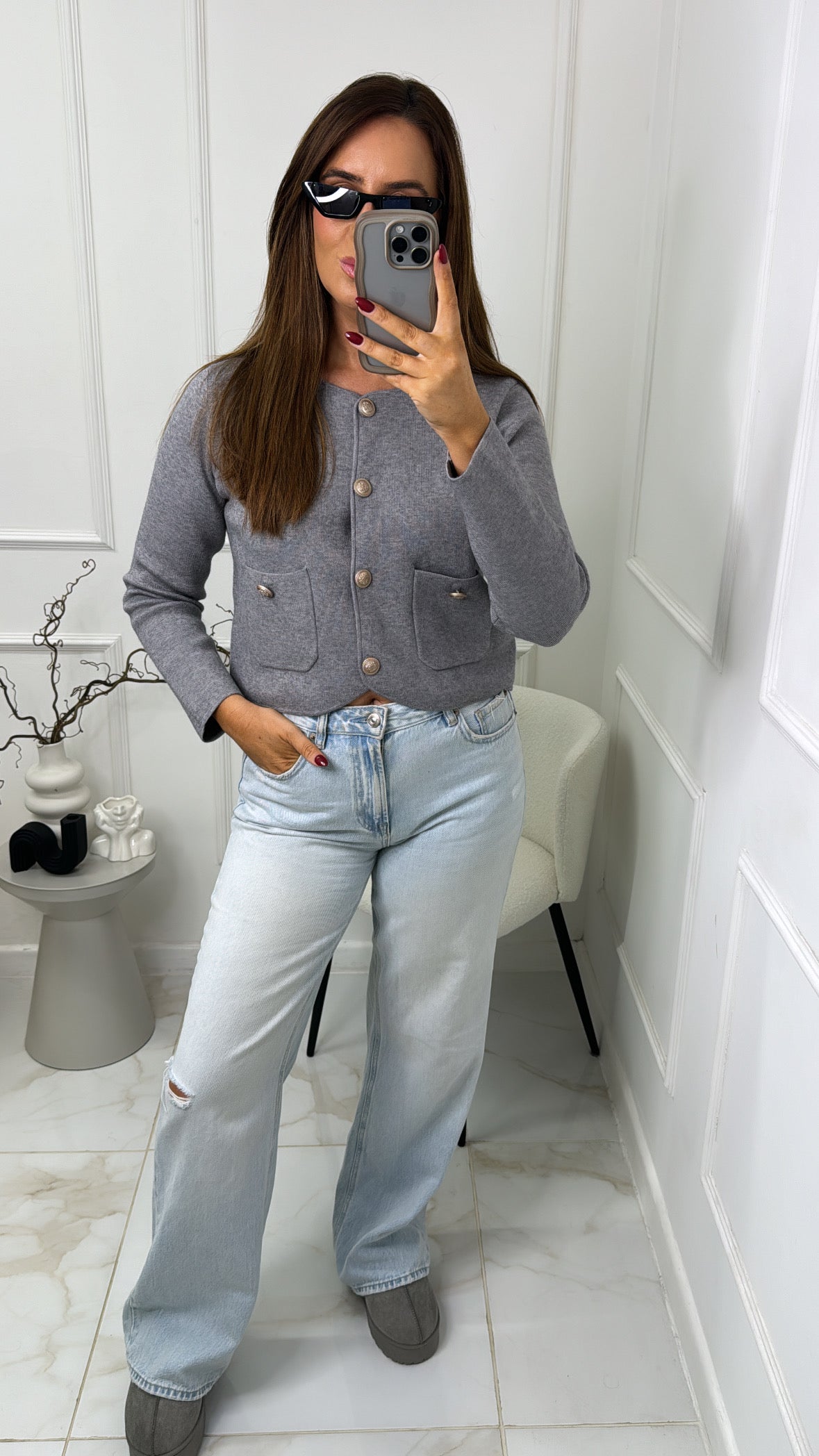 ISLA grey gold button cropped cardigan