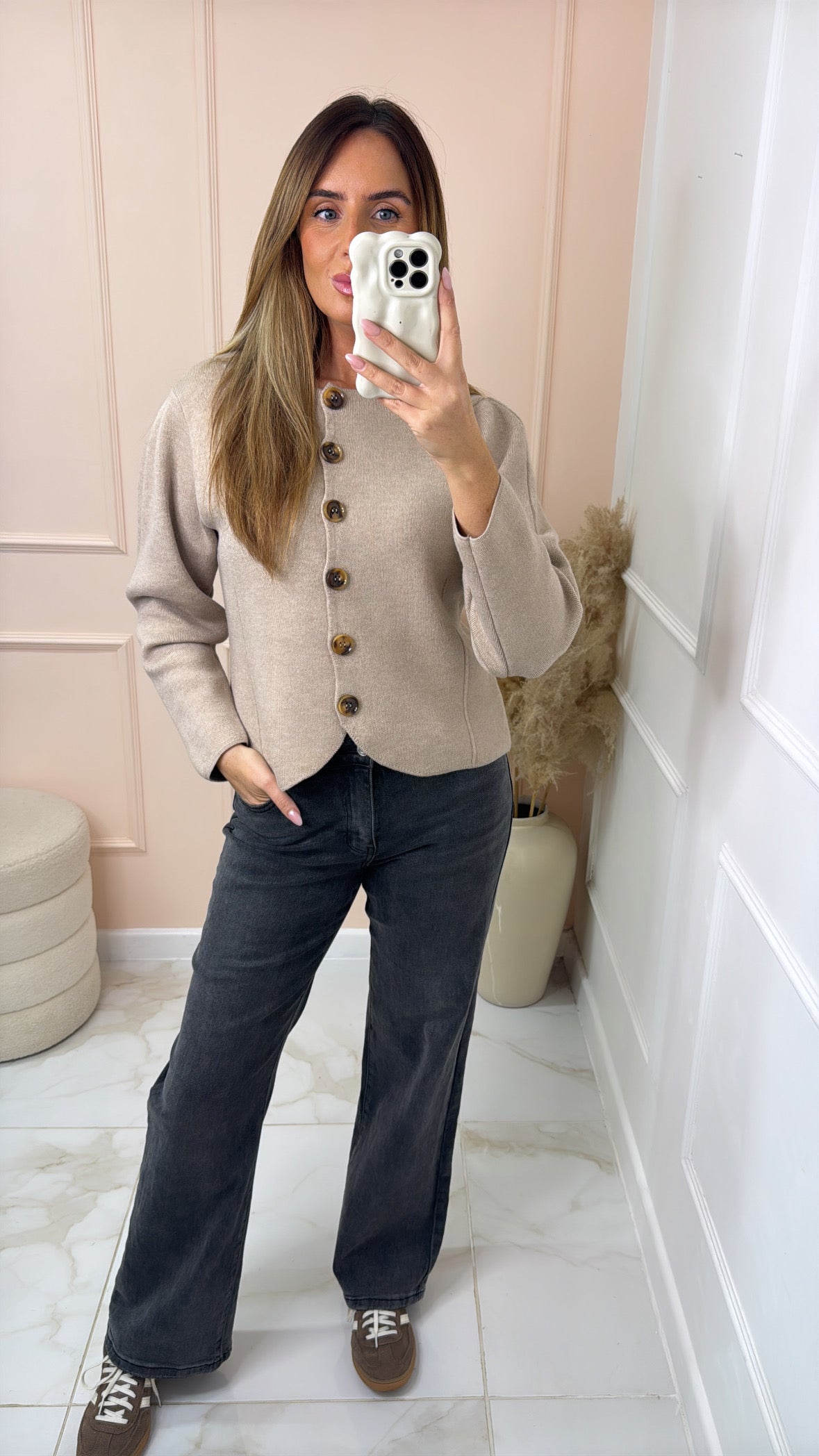 JODIE taupe button fitted cardigan