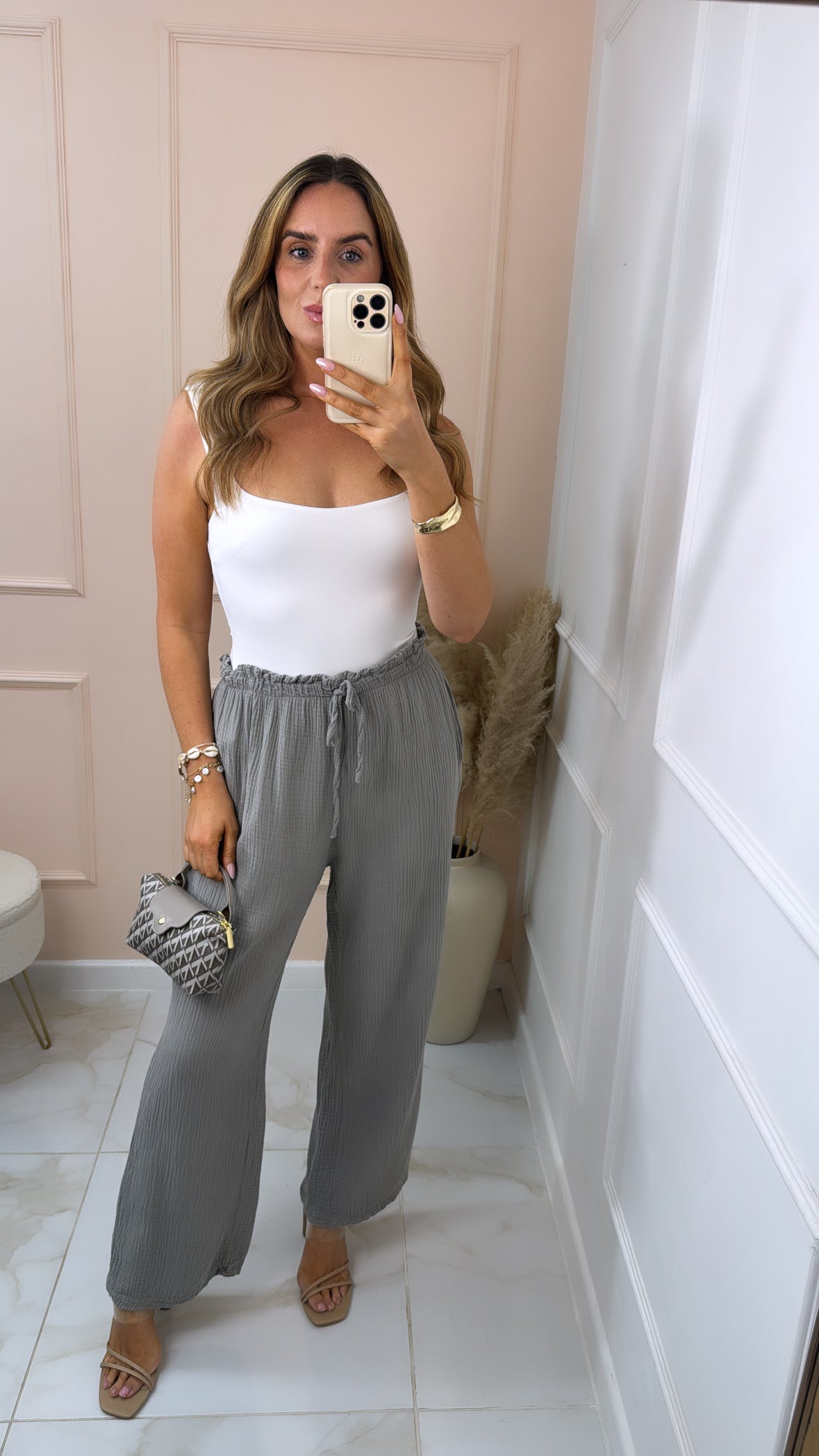 CASSIE taupe cheesecloth floaty trousers