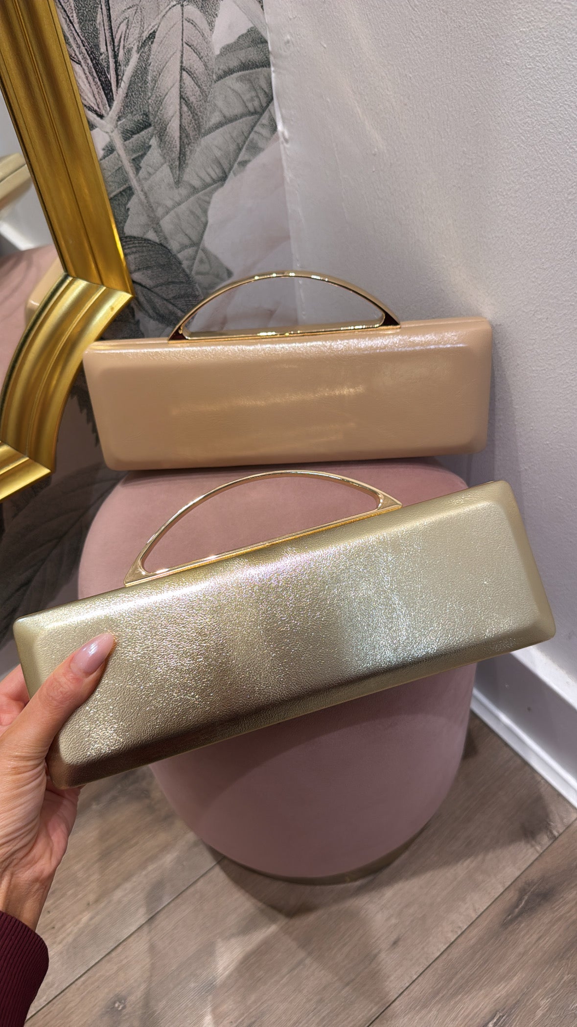 SHARNA gold patent rectangular grab bag