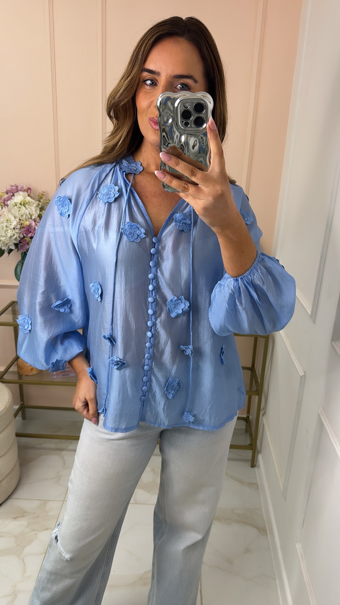 LORNA blue 3D flower blouse