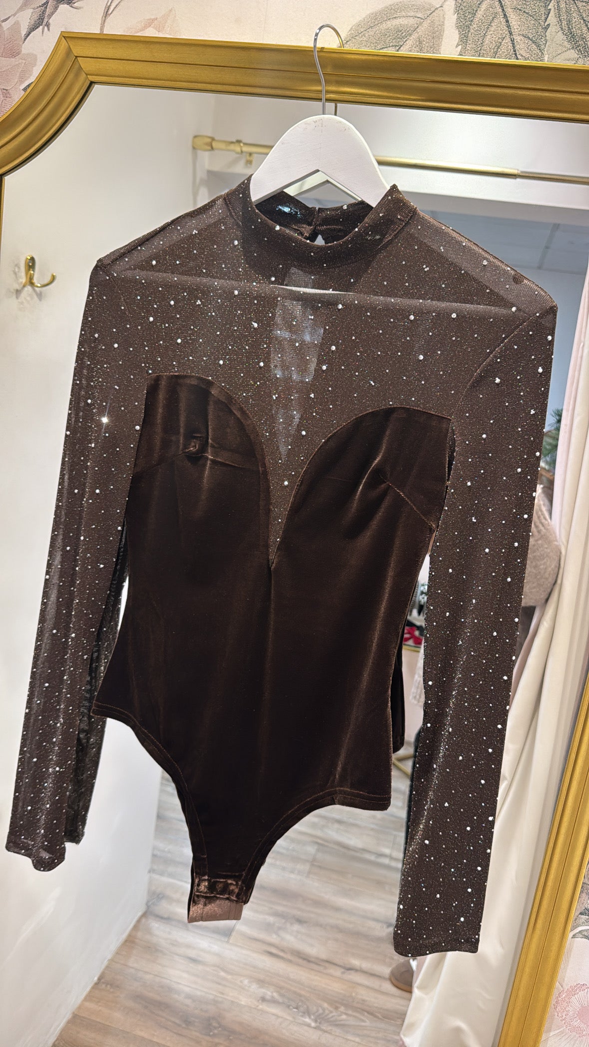 LEONA brown velvet studded mesh bodysuit
