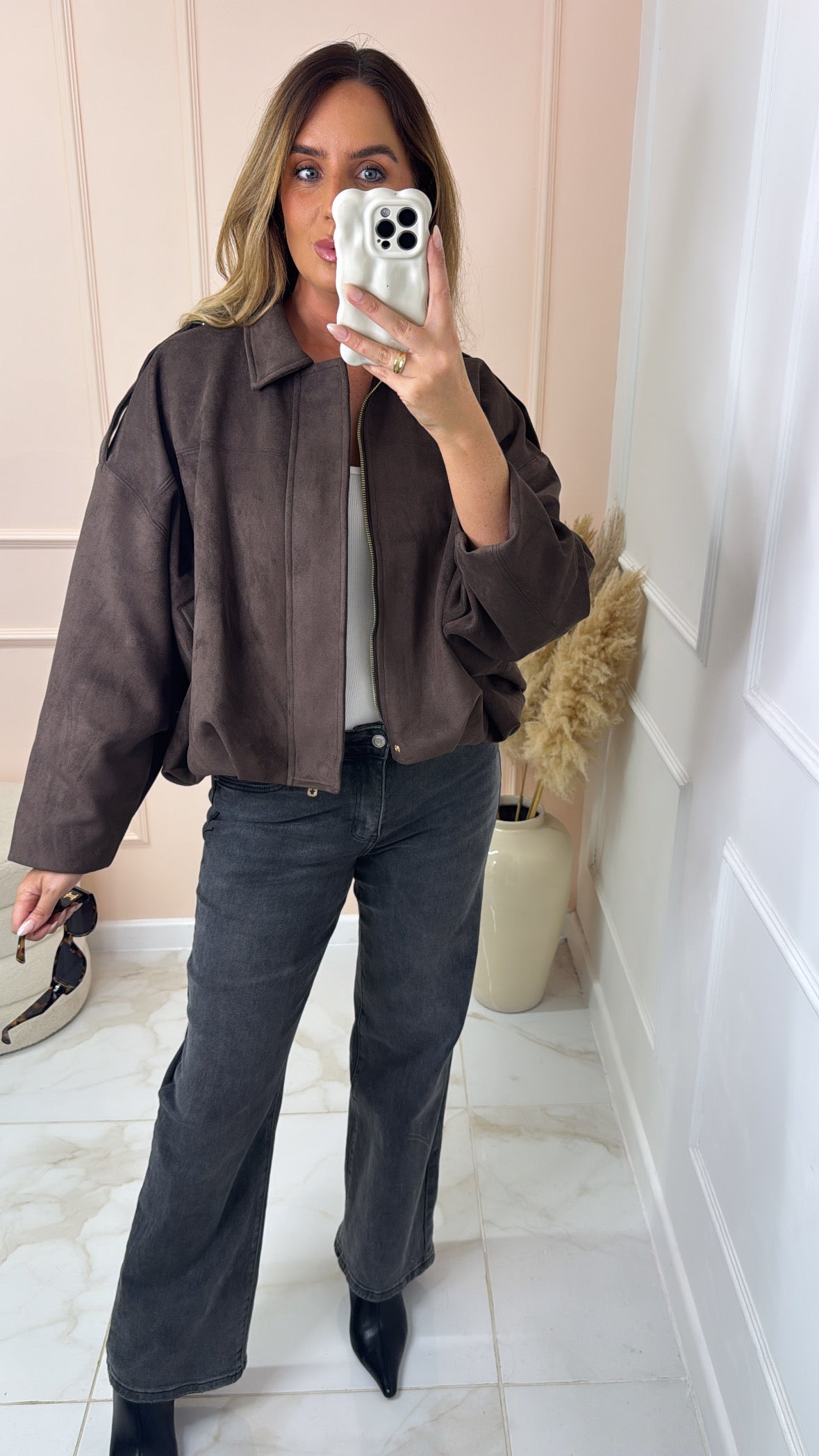 MABEL chocolate puffball suede jacket