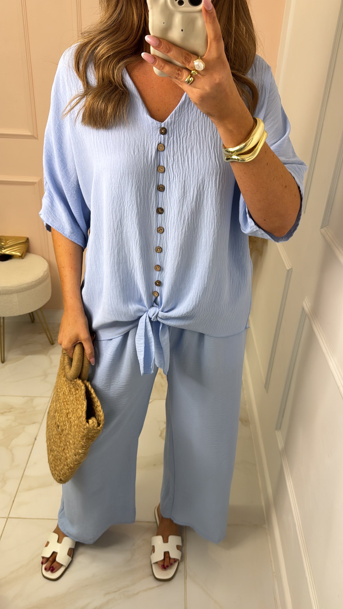 LUNA blue button tie front trouser set