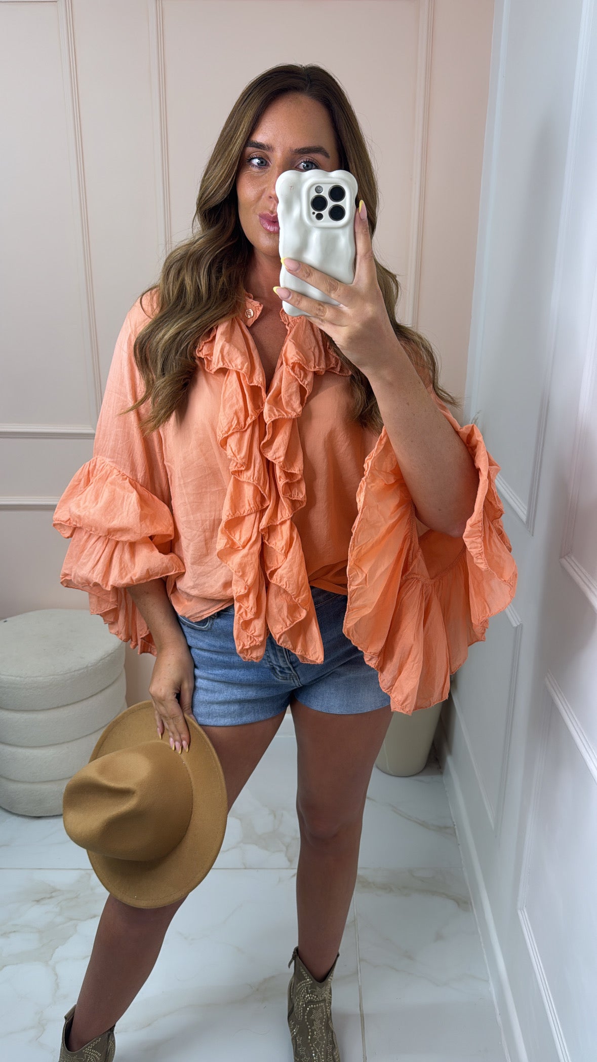 AALIYAH coral ruffle trim button up blouse