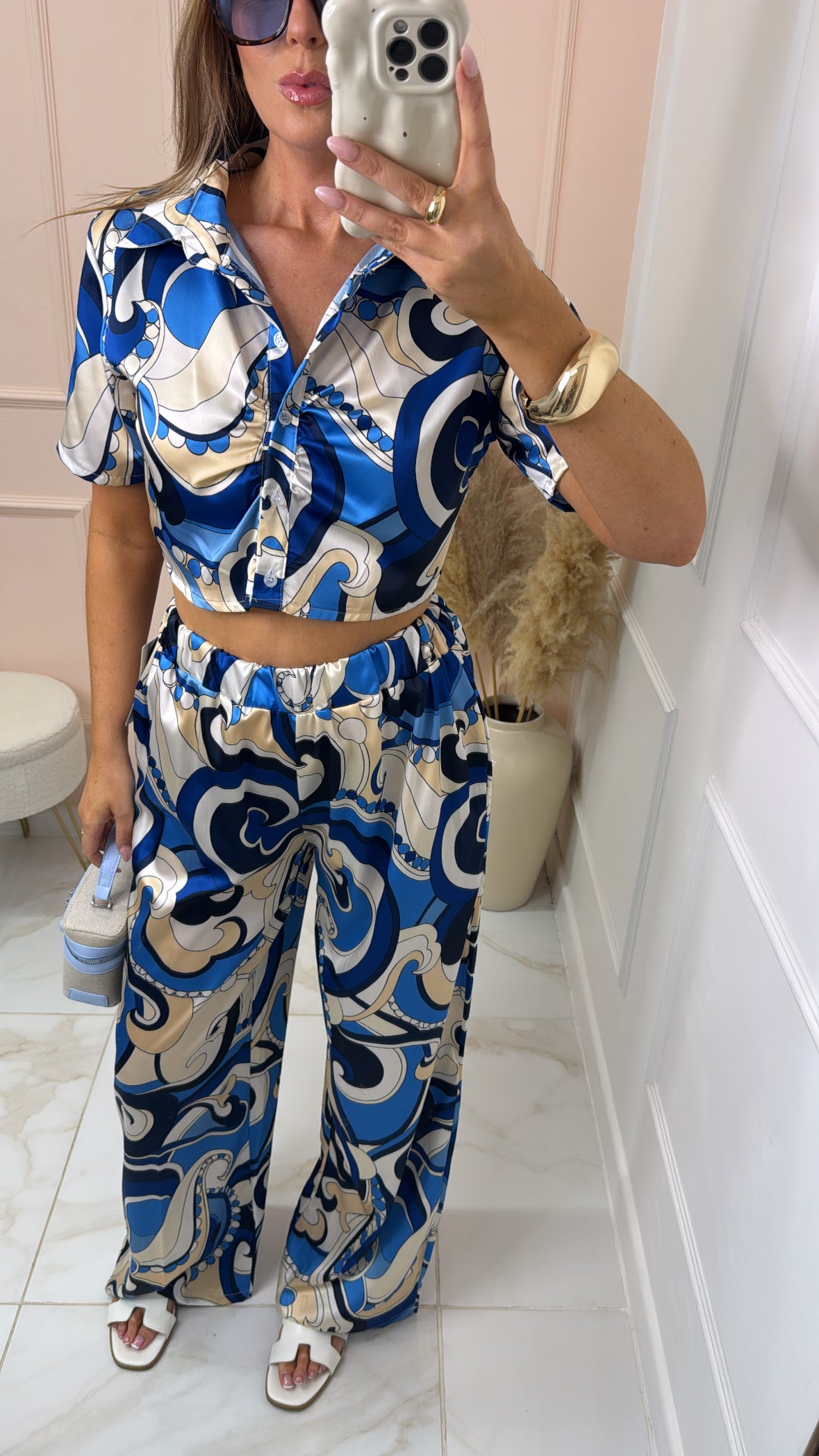 FELICITY blue retro print silky trouser set