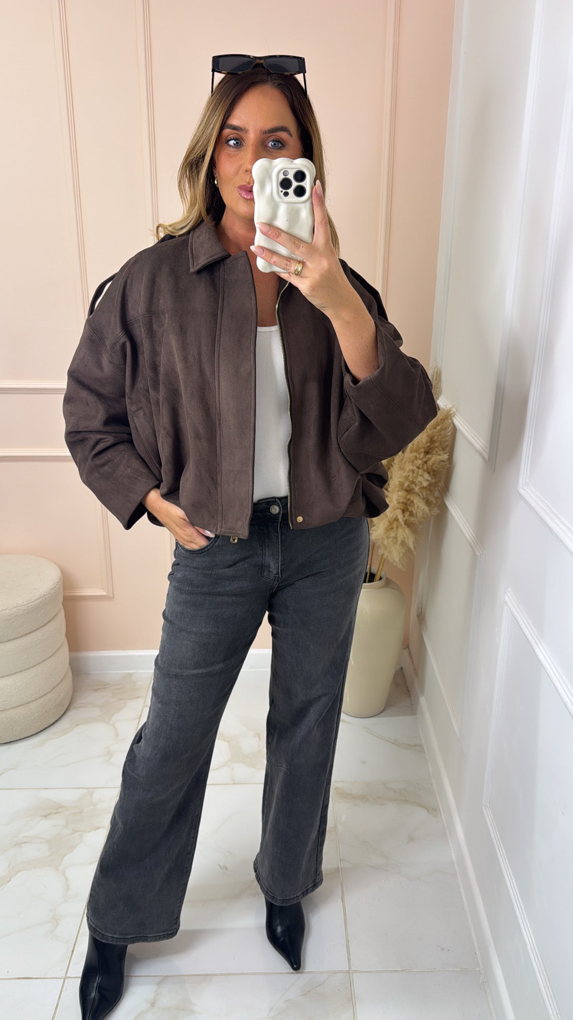 MABEL chocolate puffball suede jacket