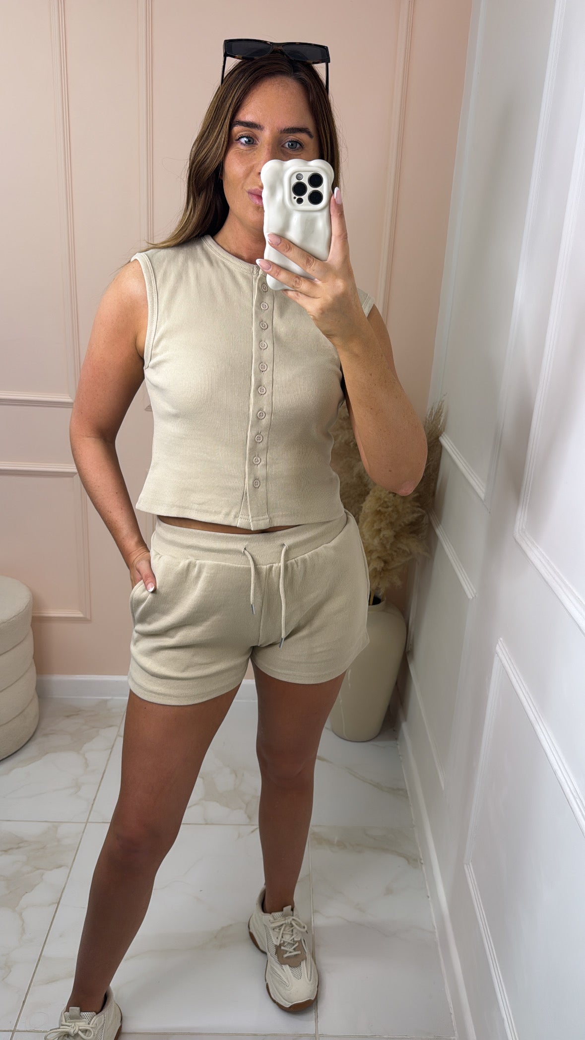 MAEVE oatmeal button short lounge set