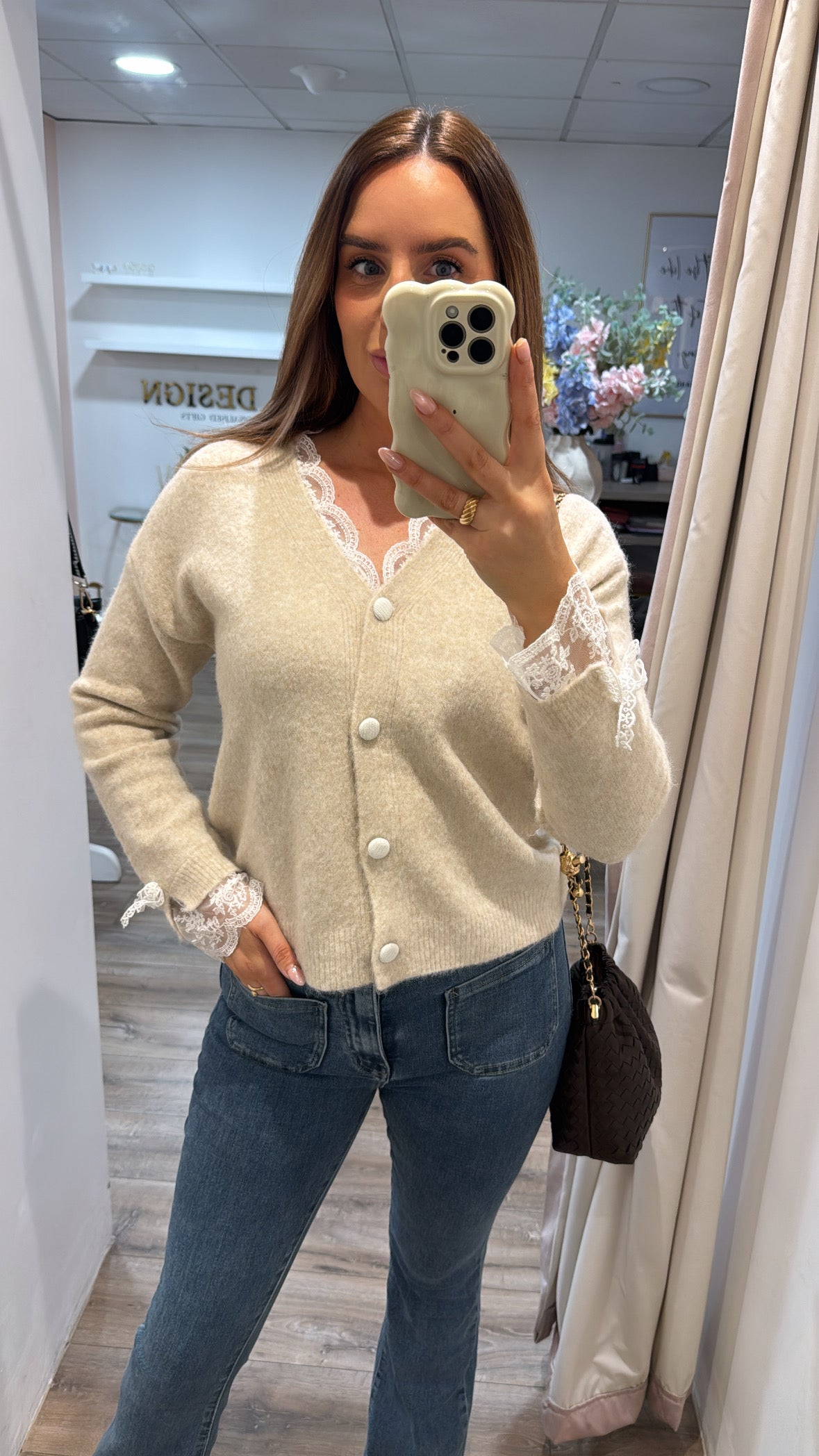 PENELOPE beige lace trim fluffy cardigan