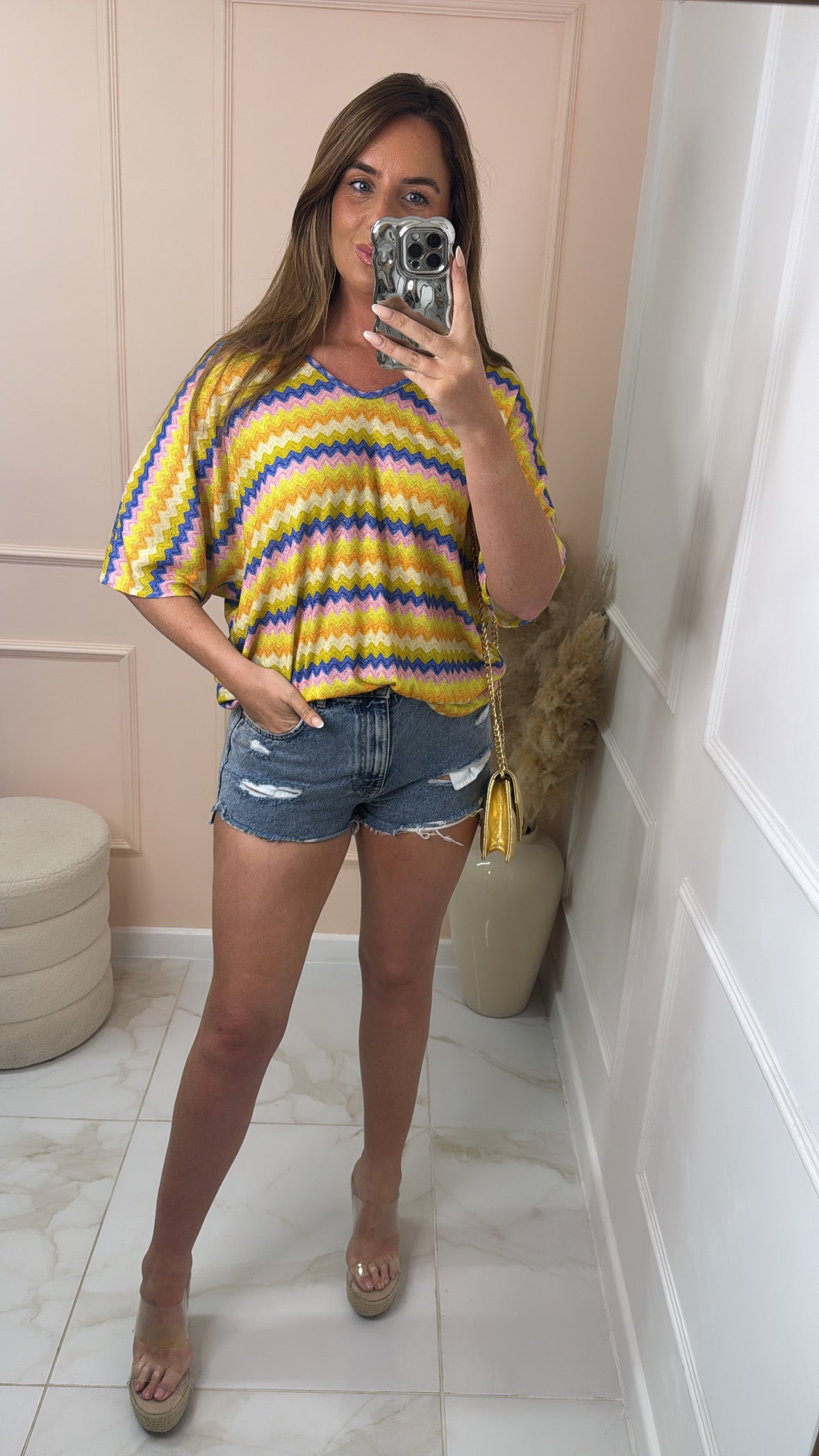 LOTTIE lemon zig zag shimmer bow detail top