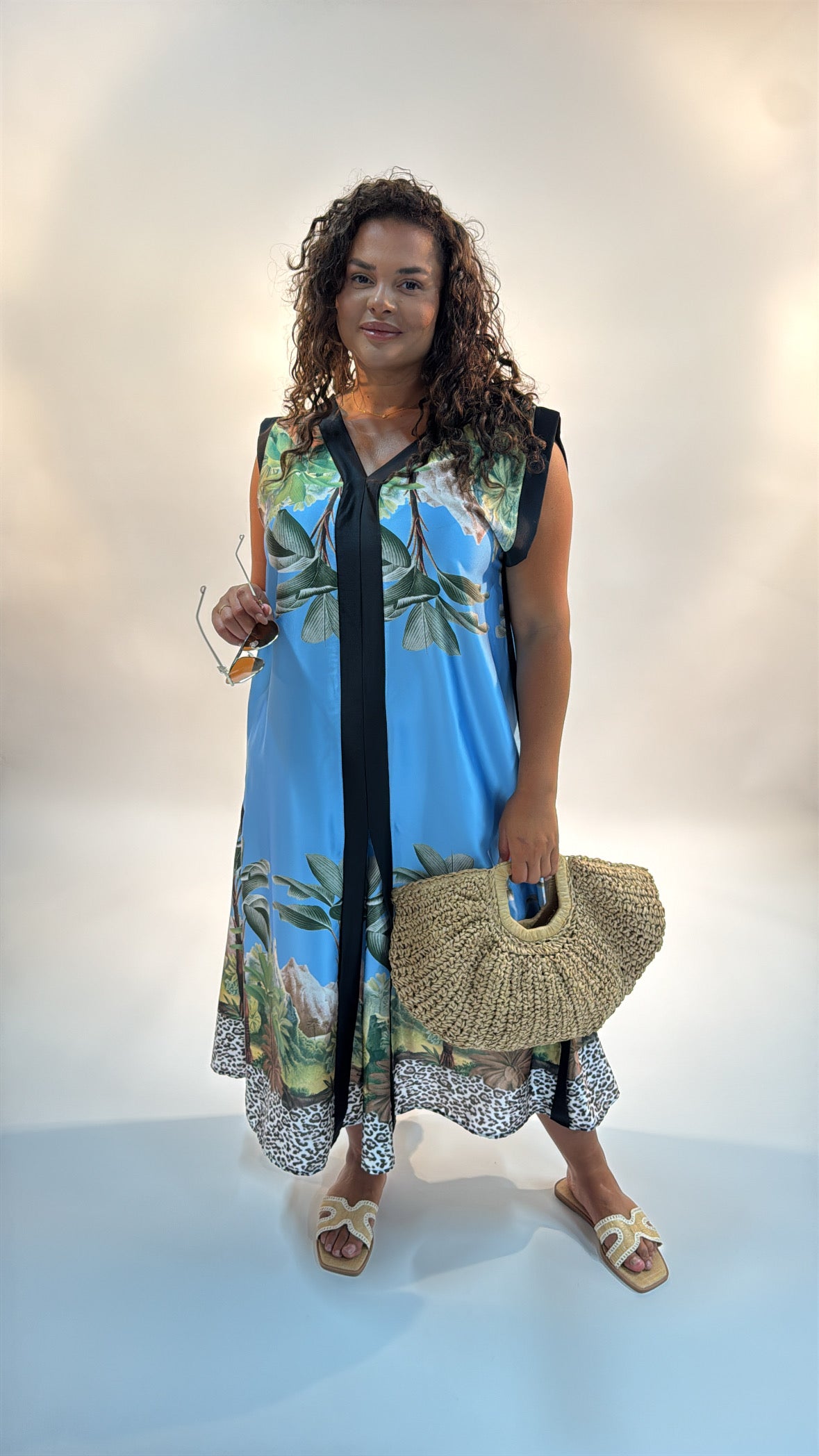 ELLIE blue leaf print satin sleeveless maxi dress