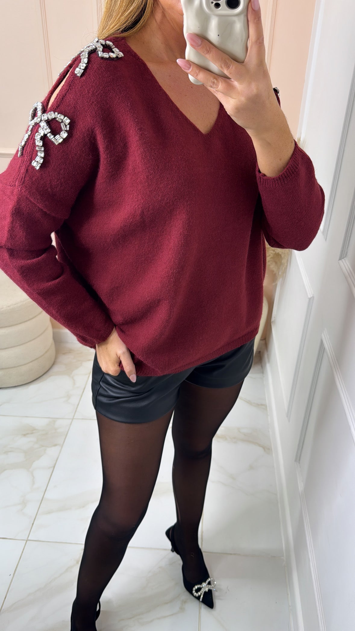 ISLA burgundy diamante bow detail jumper