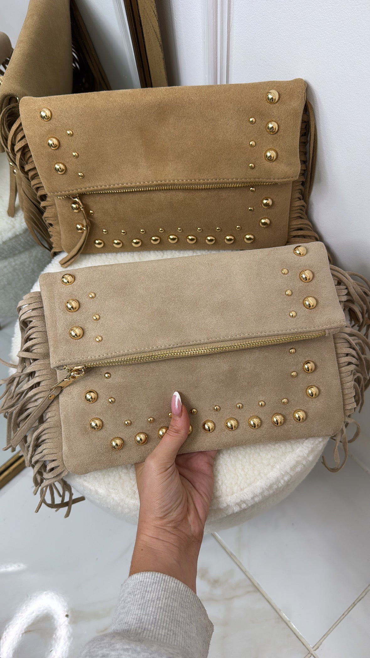 FRANKIE beige suede tassel studded clutch bag