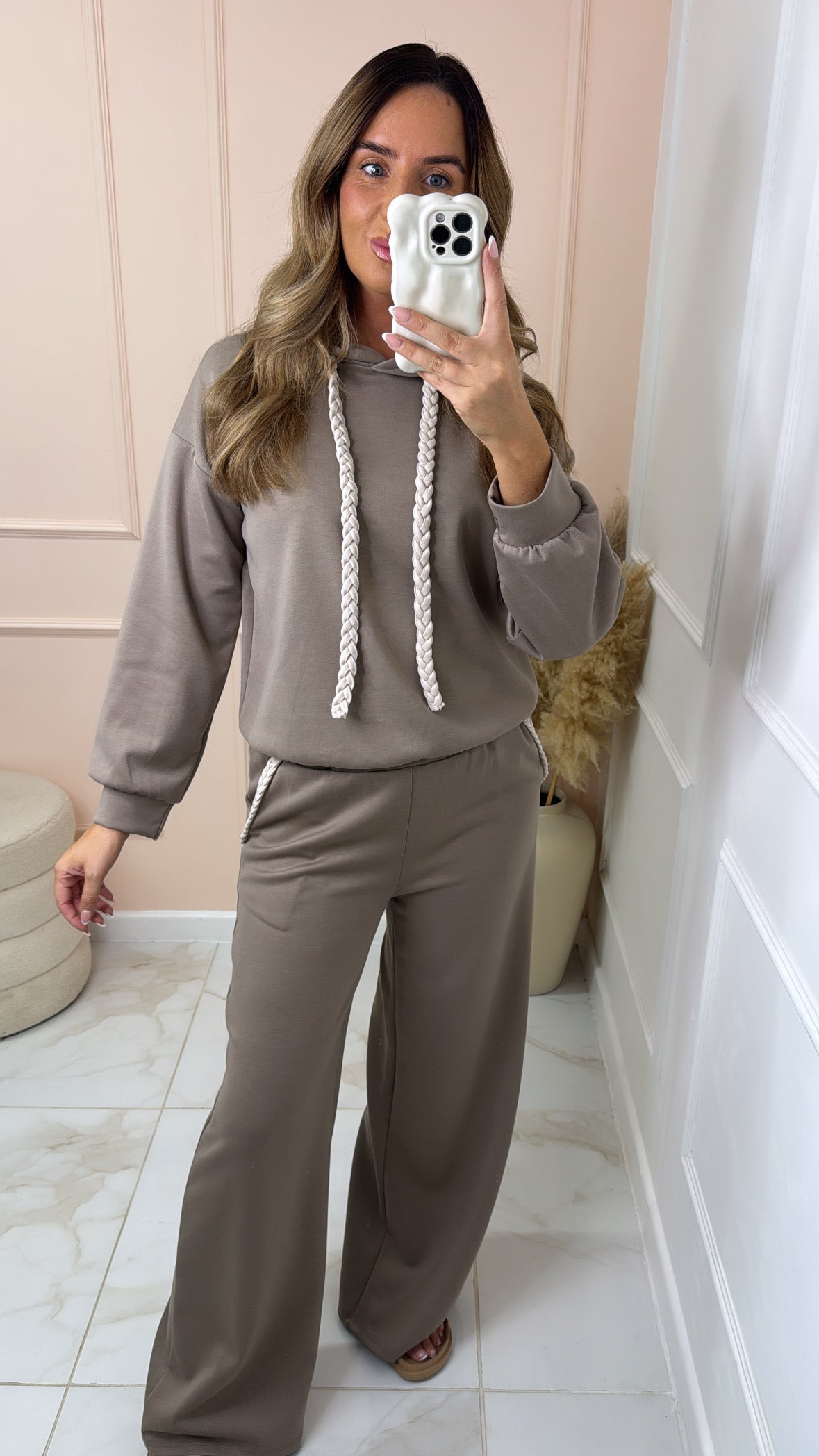 NANCY taupe plait detail hooded lounge set