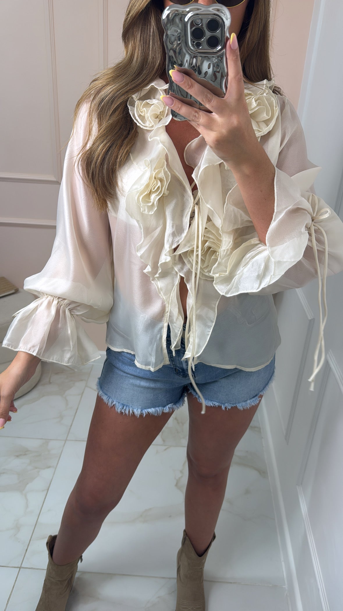VIOLET beige floral sheer blouse