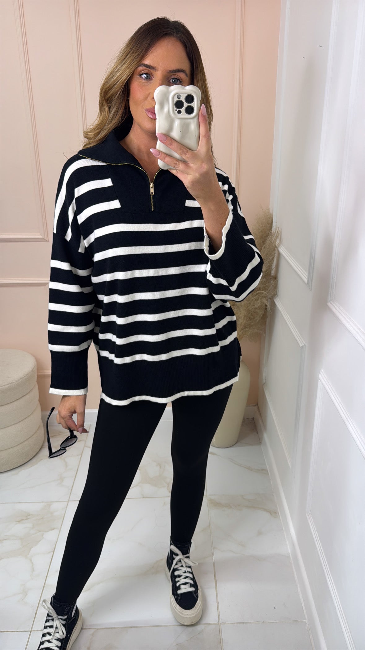 MAEVE black stripe knit half zip sweatshirt