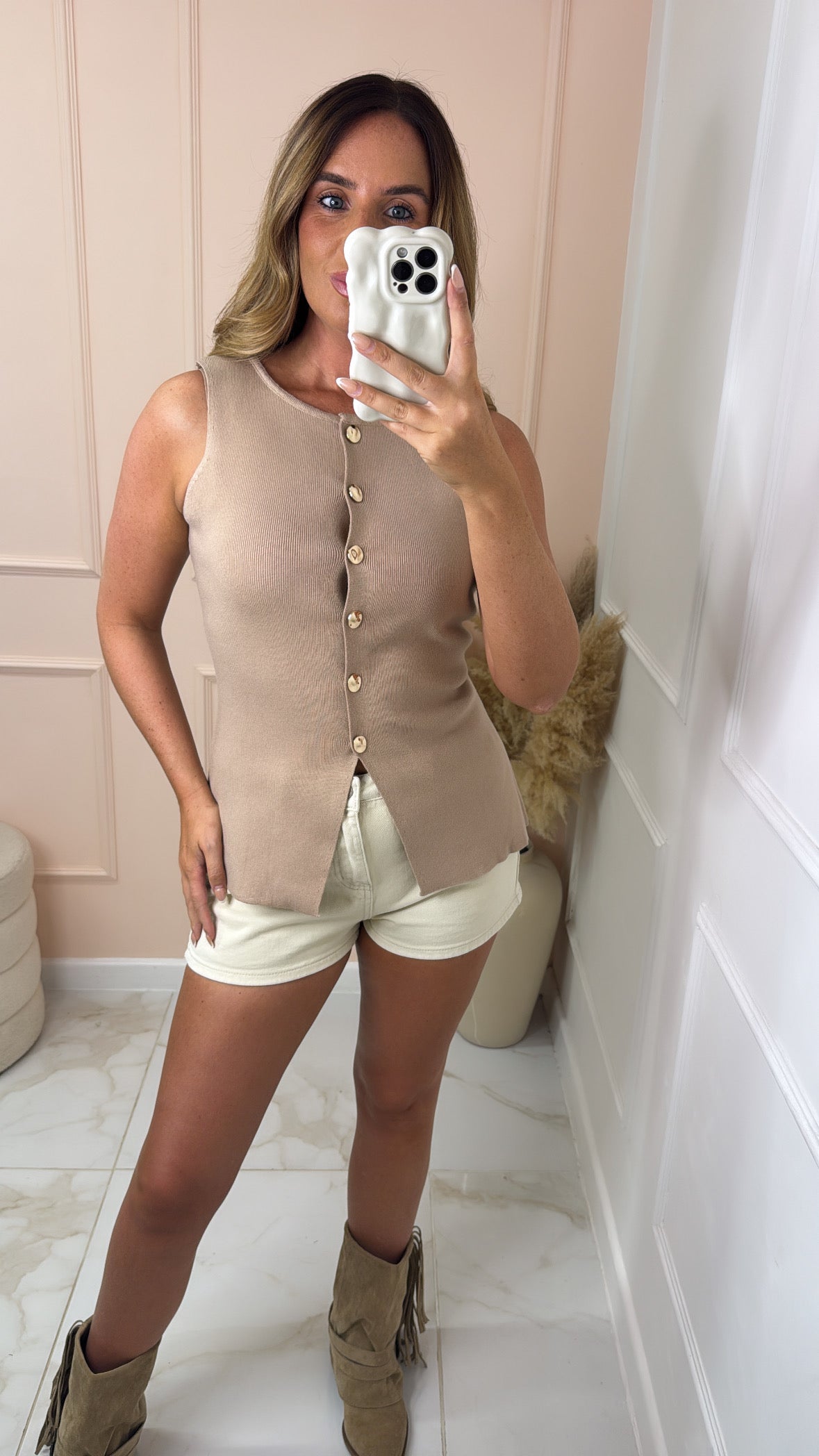 DELILAH beige fine knit button up waistcoat