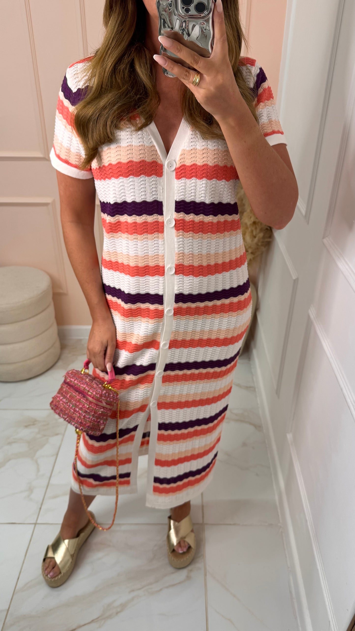 GEORGIE coral stripe knitted midi dress