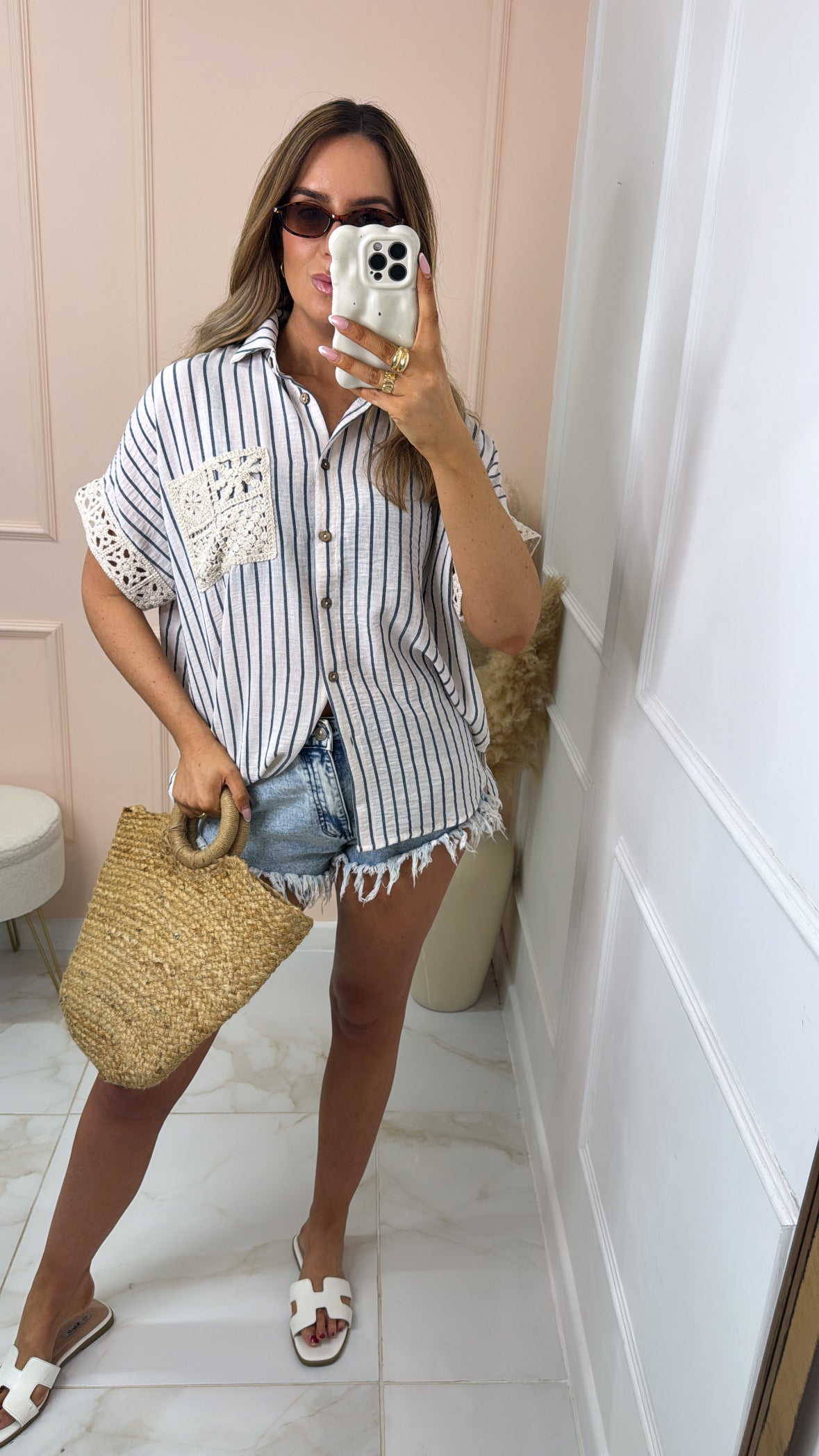 ISLA navy pinstripe crochet detail boxy blouse