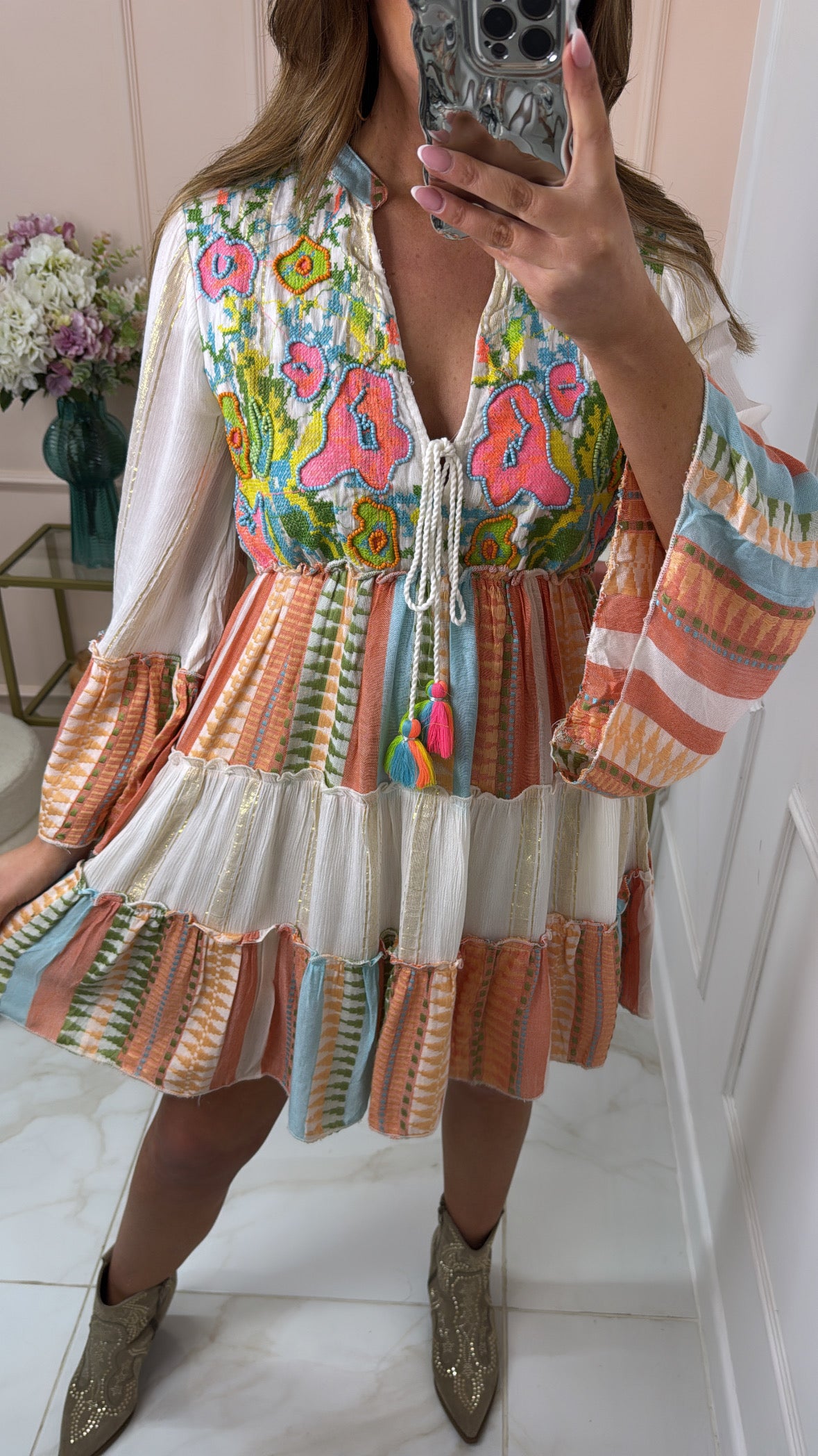 LAYLA multi embroidered tassel boho dress