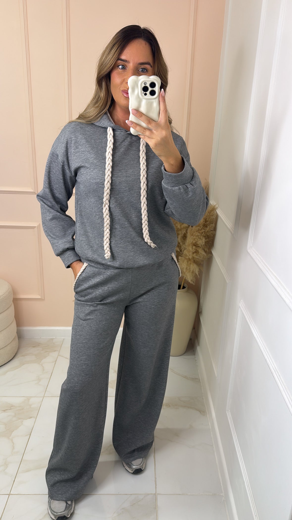 NANCY grey plait detail hooded lounge set