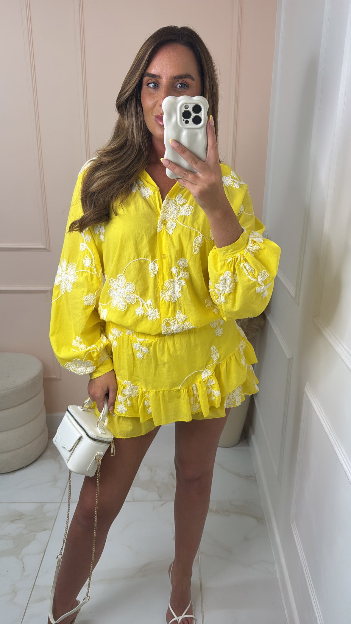 EMILIA yellow embroidered floral skort set