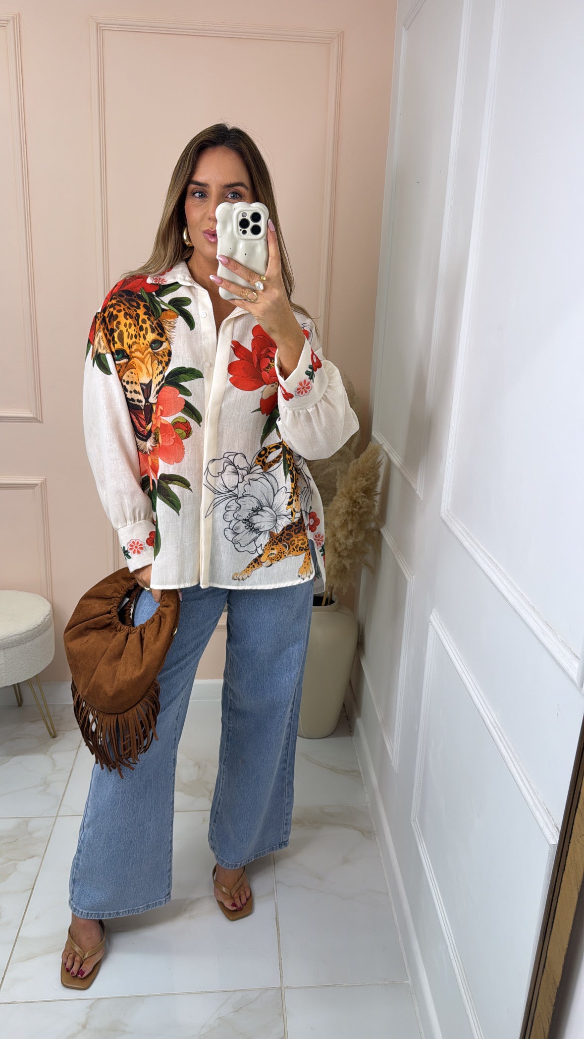 PHOEBE white floral tiger print shirt