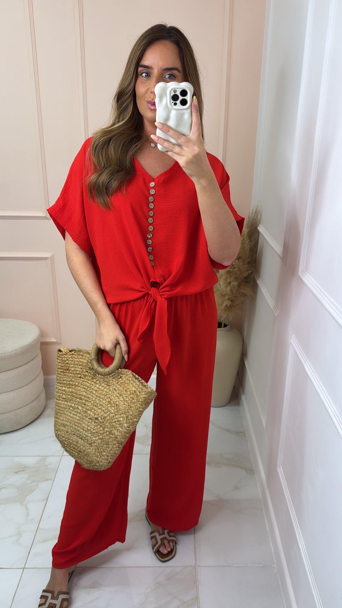 MAE red button tie front trouser set