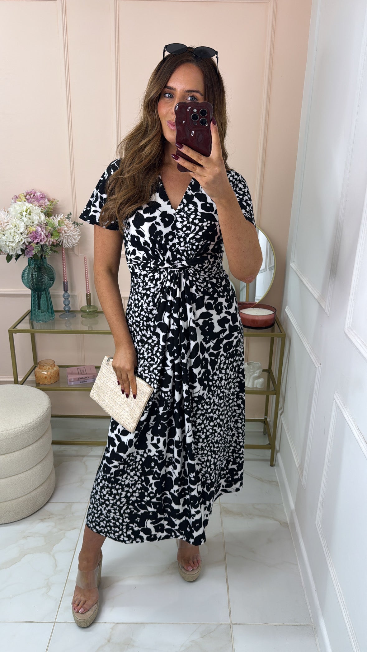 YAZMIN black floral twist waist midi dress