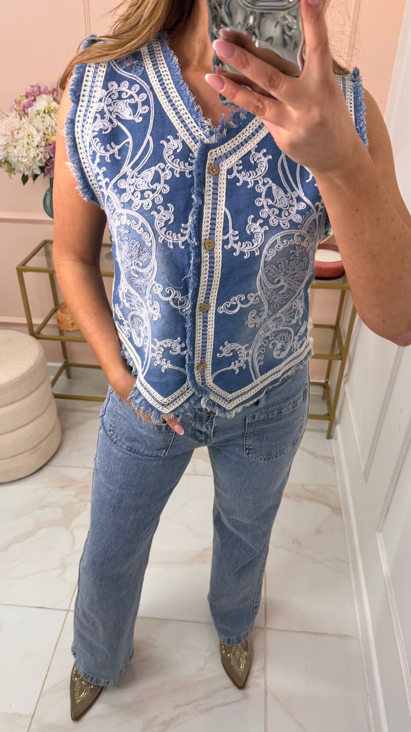 PERLA denim embroidered waistcoat