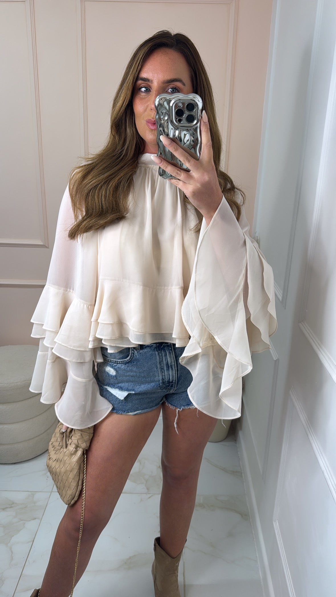 HARPER beige high neck ruffle blouse