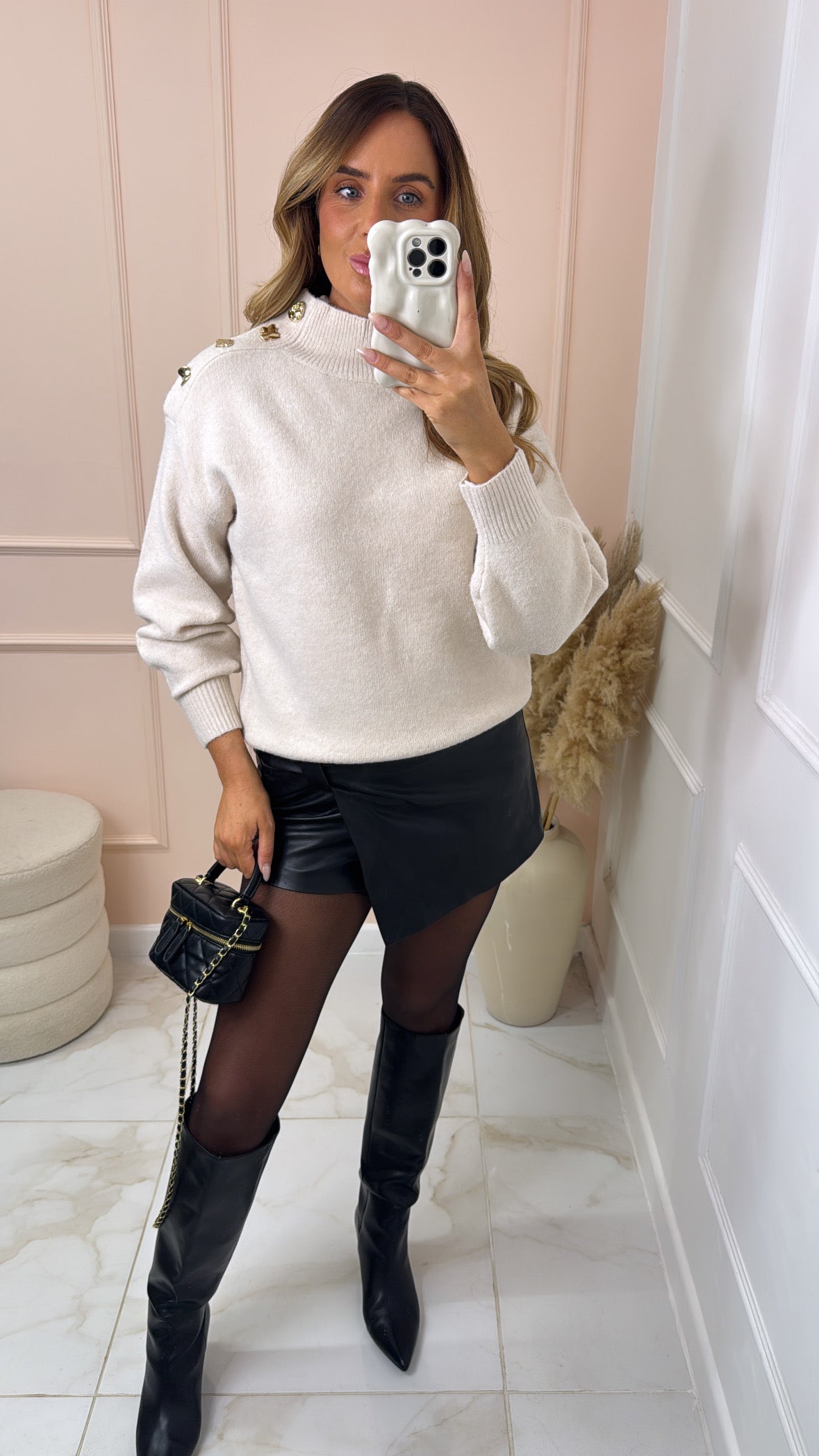 EDEN cream button shoulder high neck jumper