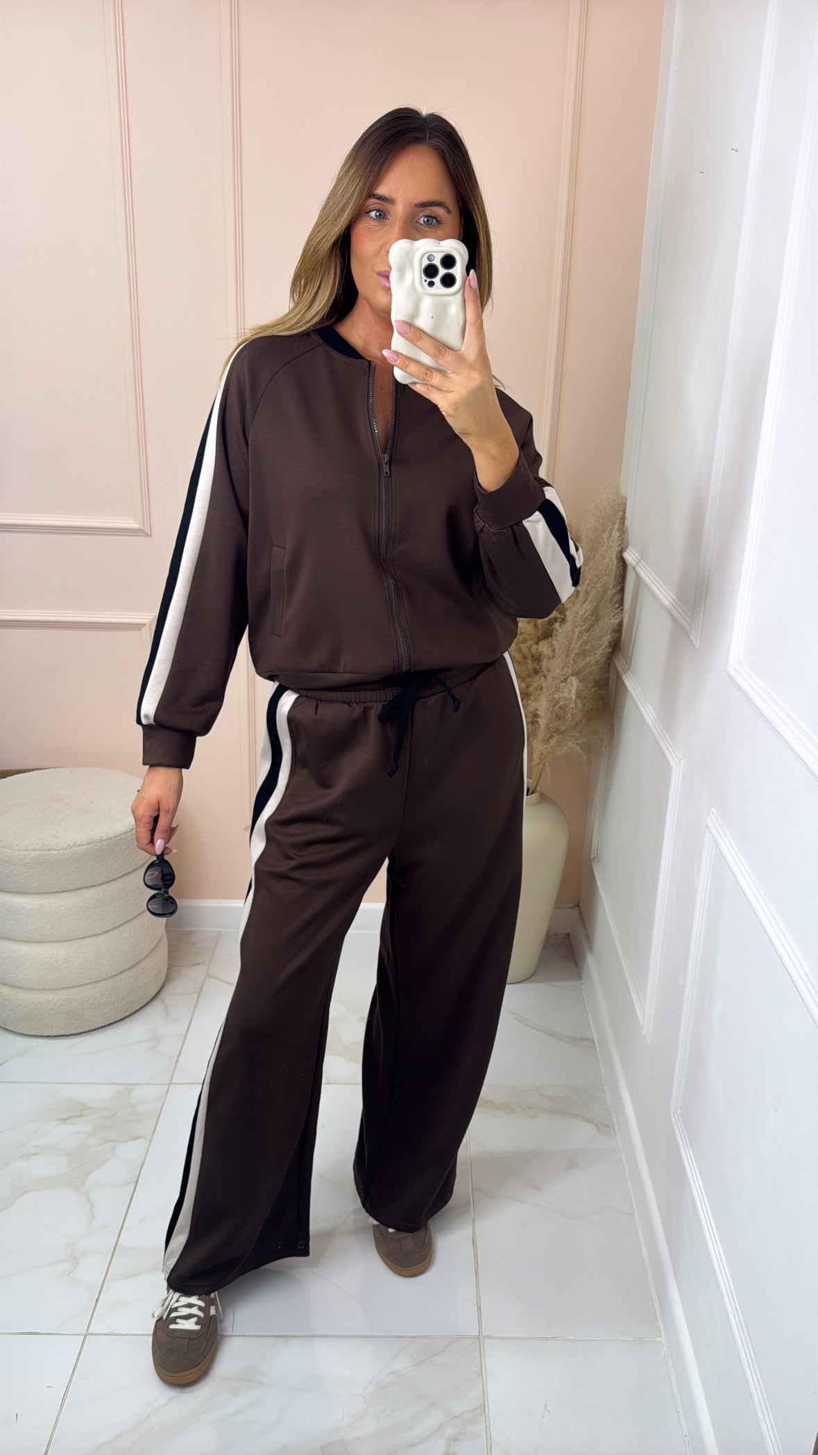GIANA brown side stripe bomber lounge set