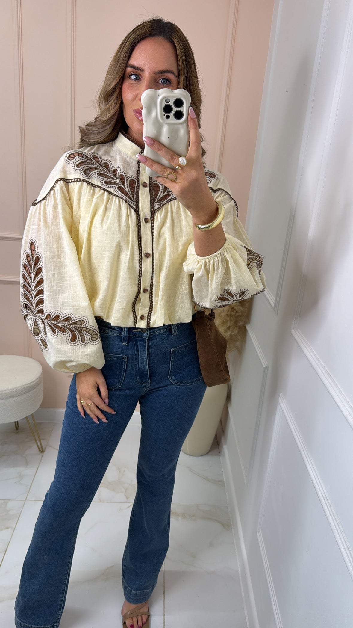ANNA lemon embroidered puff sleeve blouse