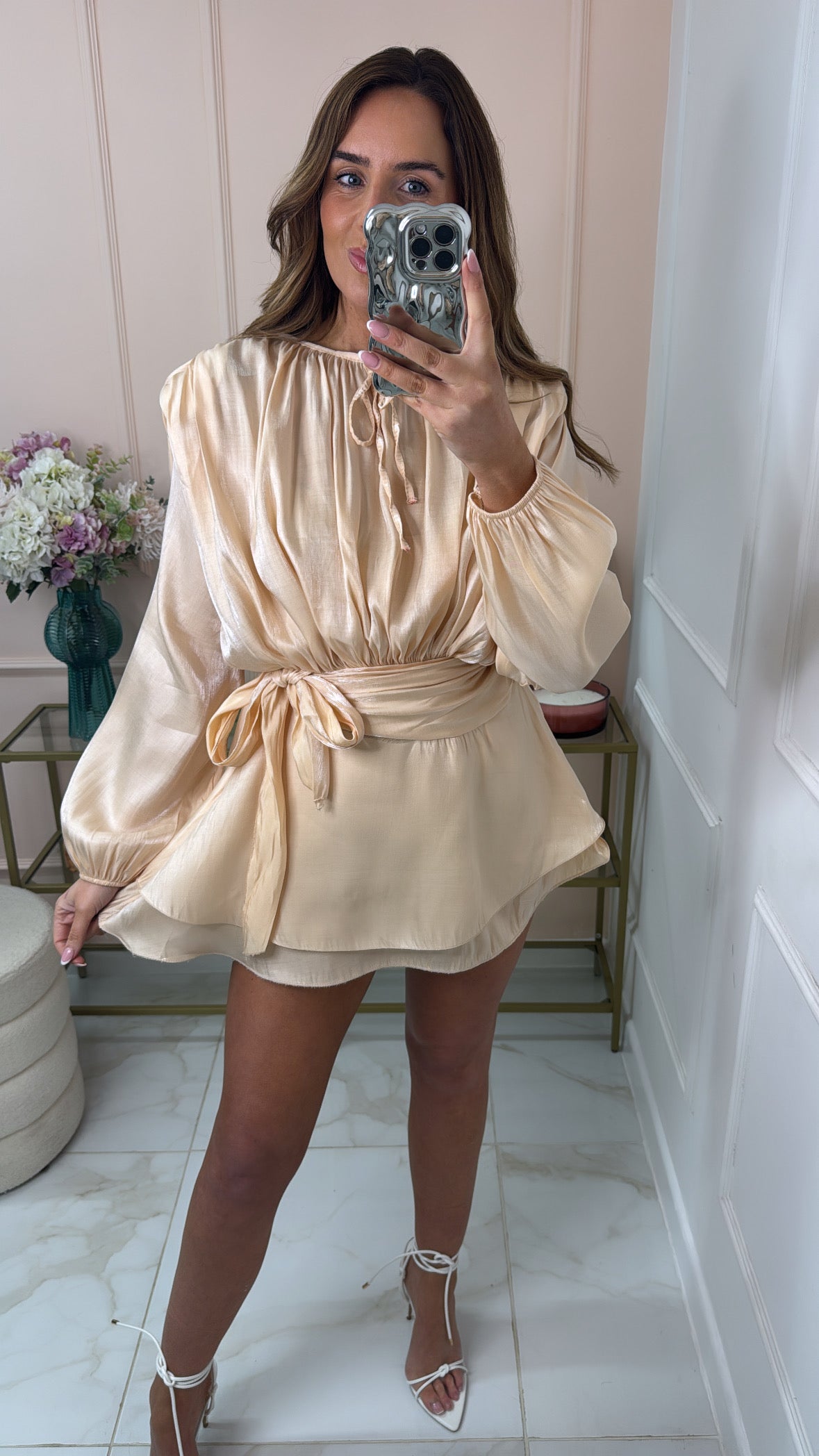 SHARNA peach satin gathered drape dress