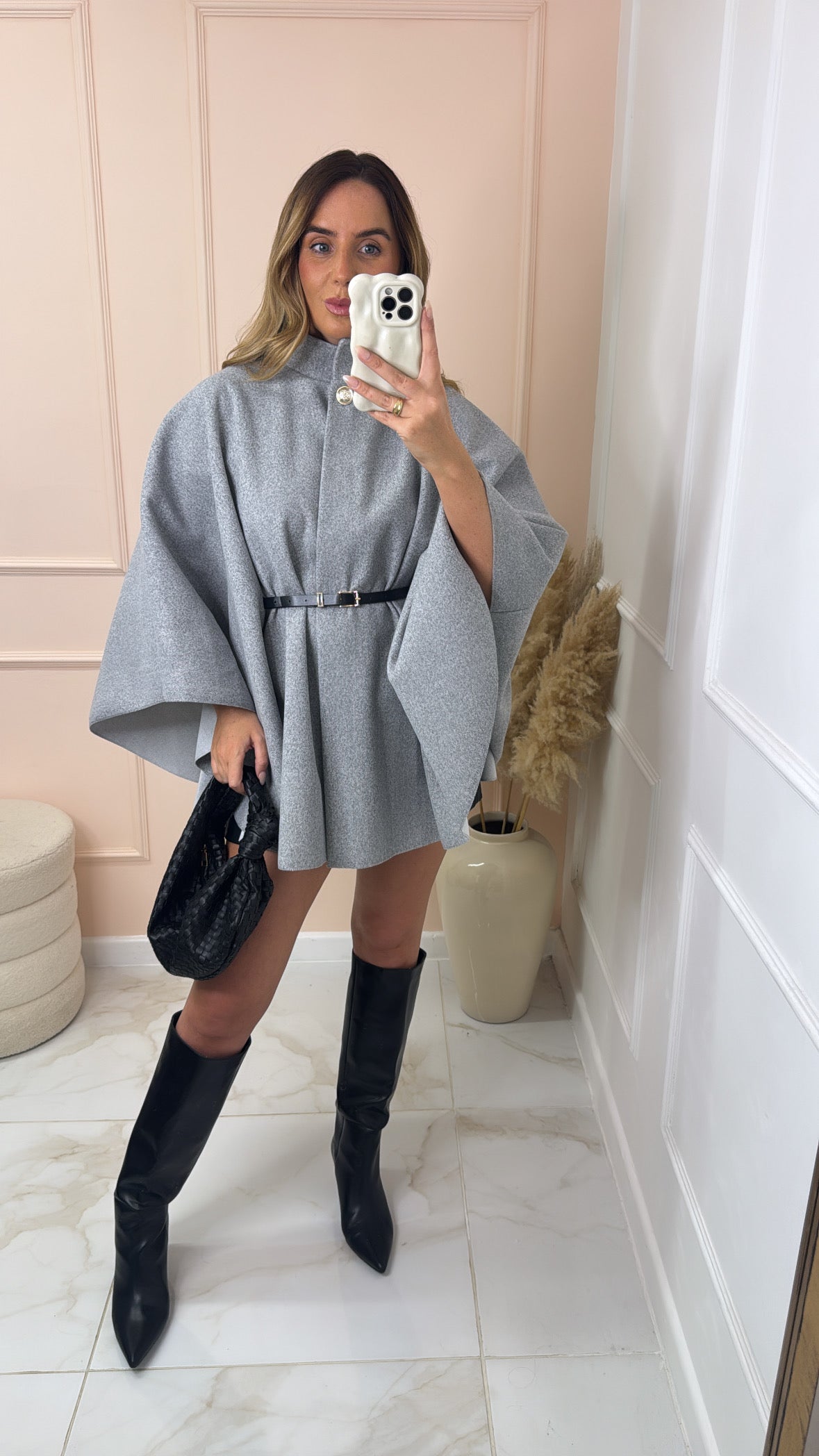 KAYLEIGH grey oversized belted cape