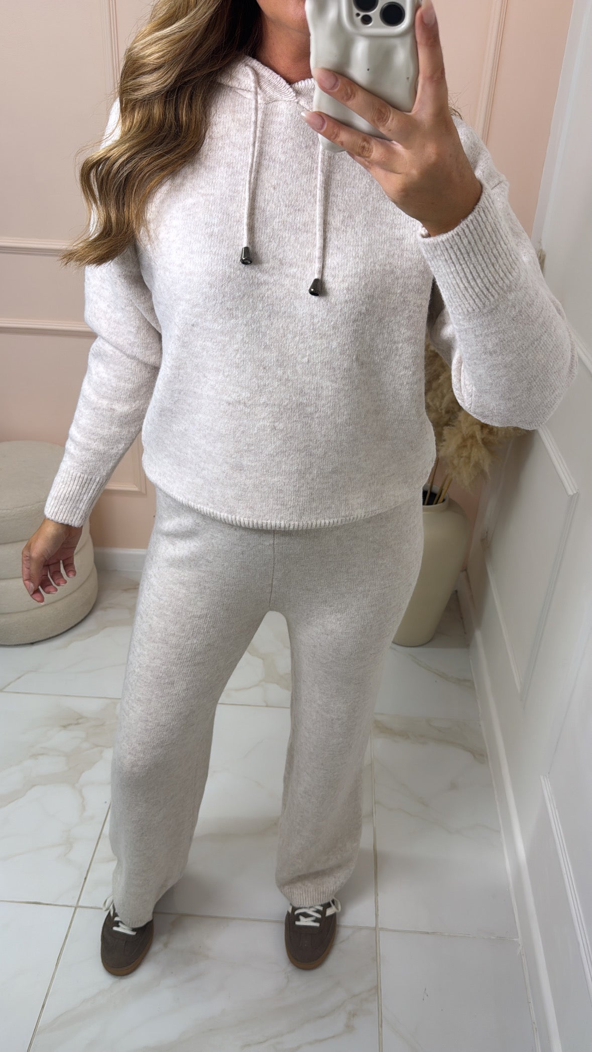 GRACIE oatmeal soft knit hooded lounge set