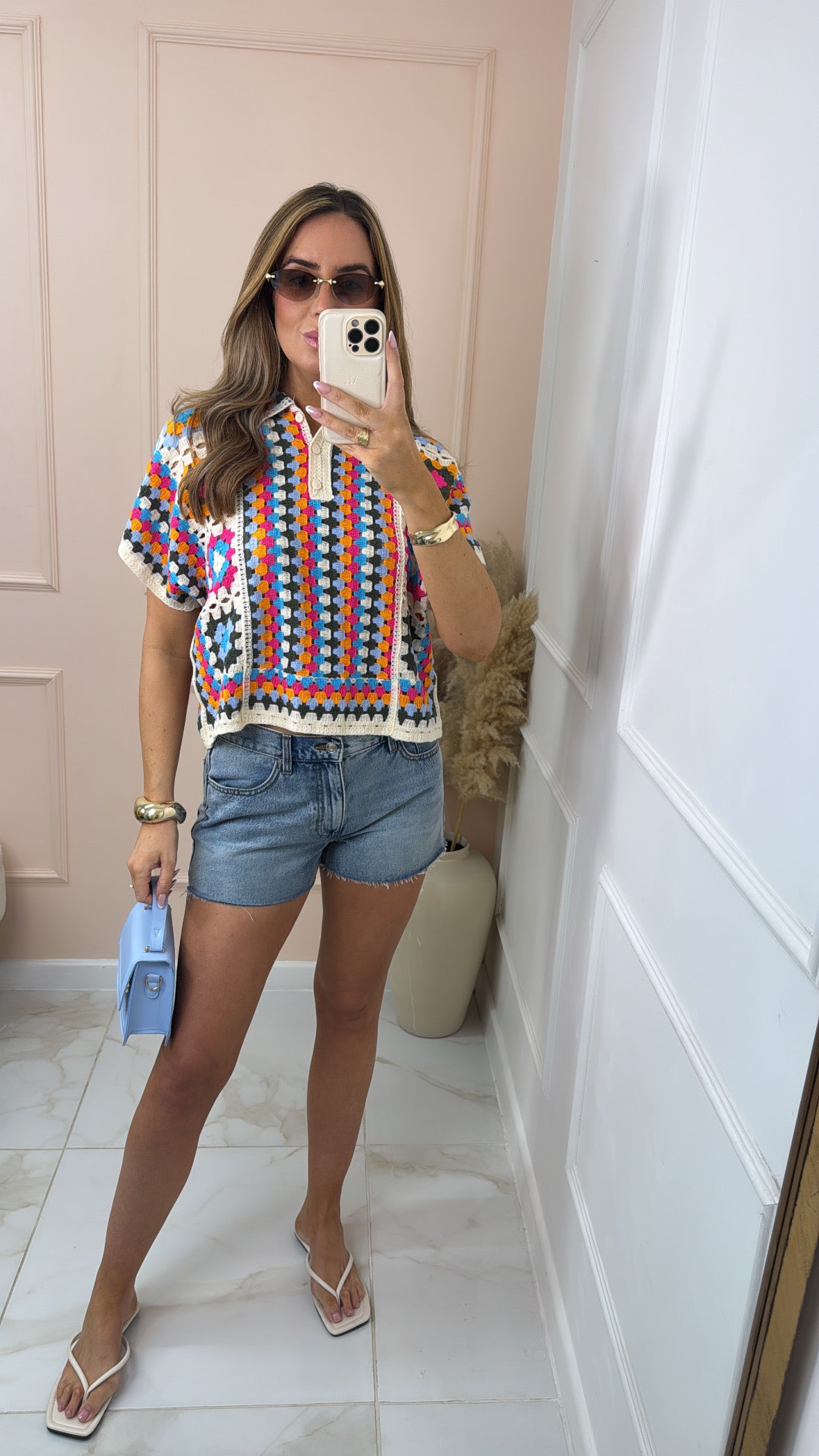 JUNIE multi crochet short sleeve collared top