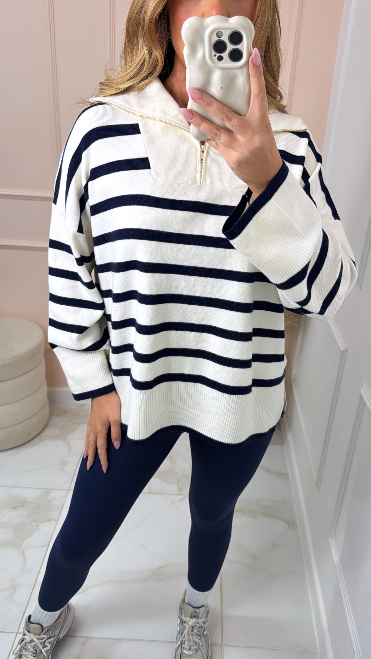 MAEVE white navy stripe knit half zip sweatshirt