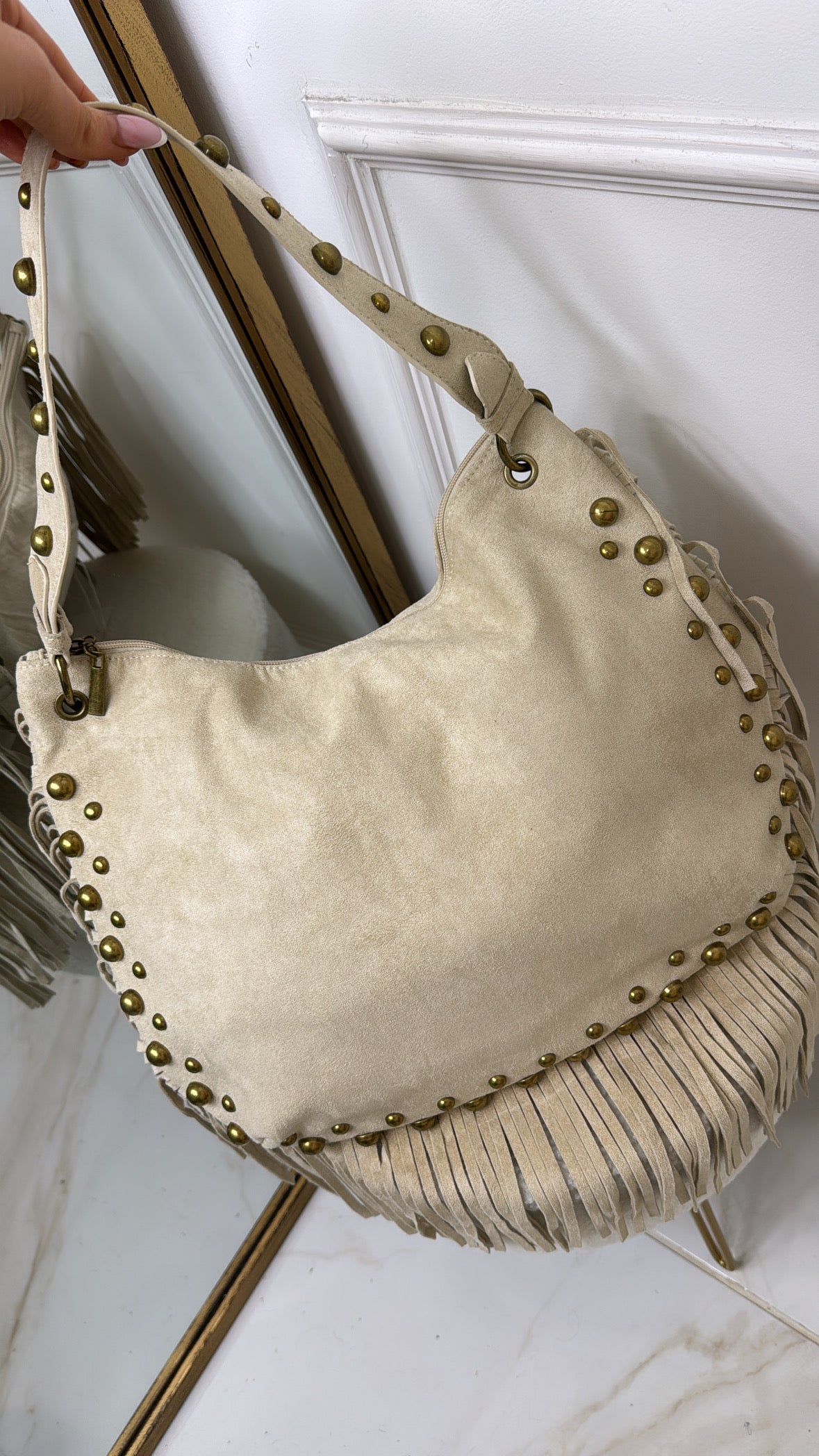 LULU stone studded fringe suede hobo bag
