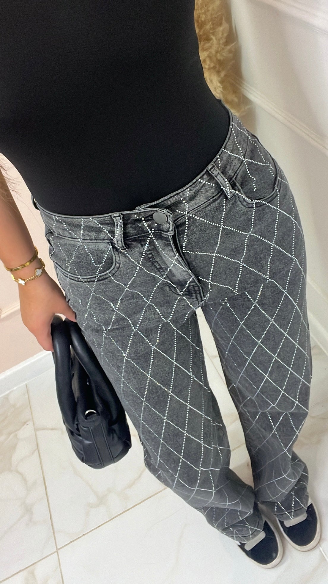 SAM dark grey diamante straight leg jeans
