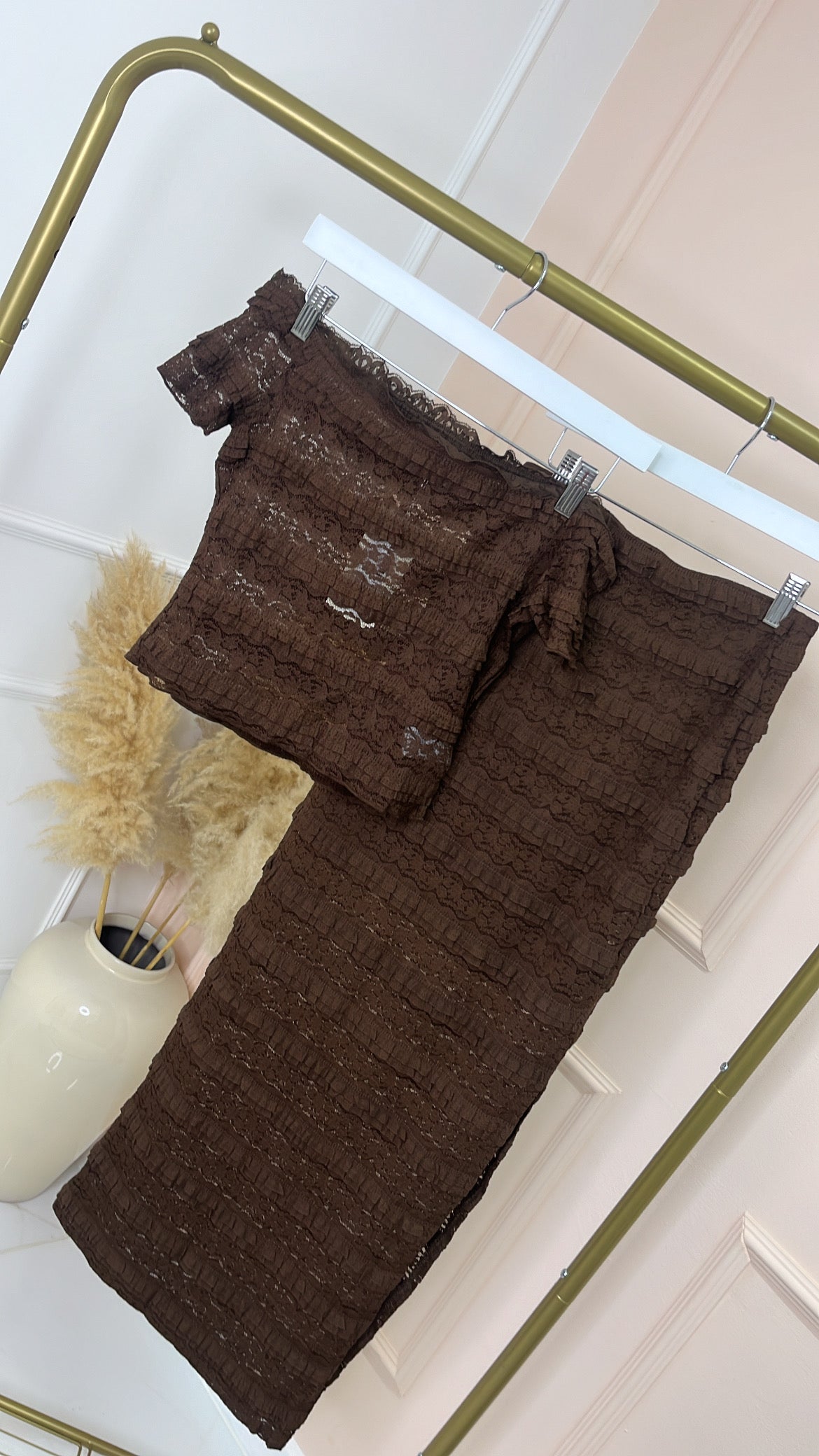 DAPHNE brown lace bardot maxi skirt co ord