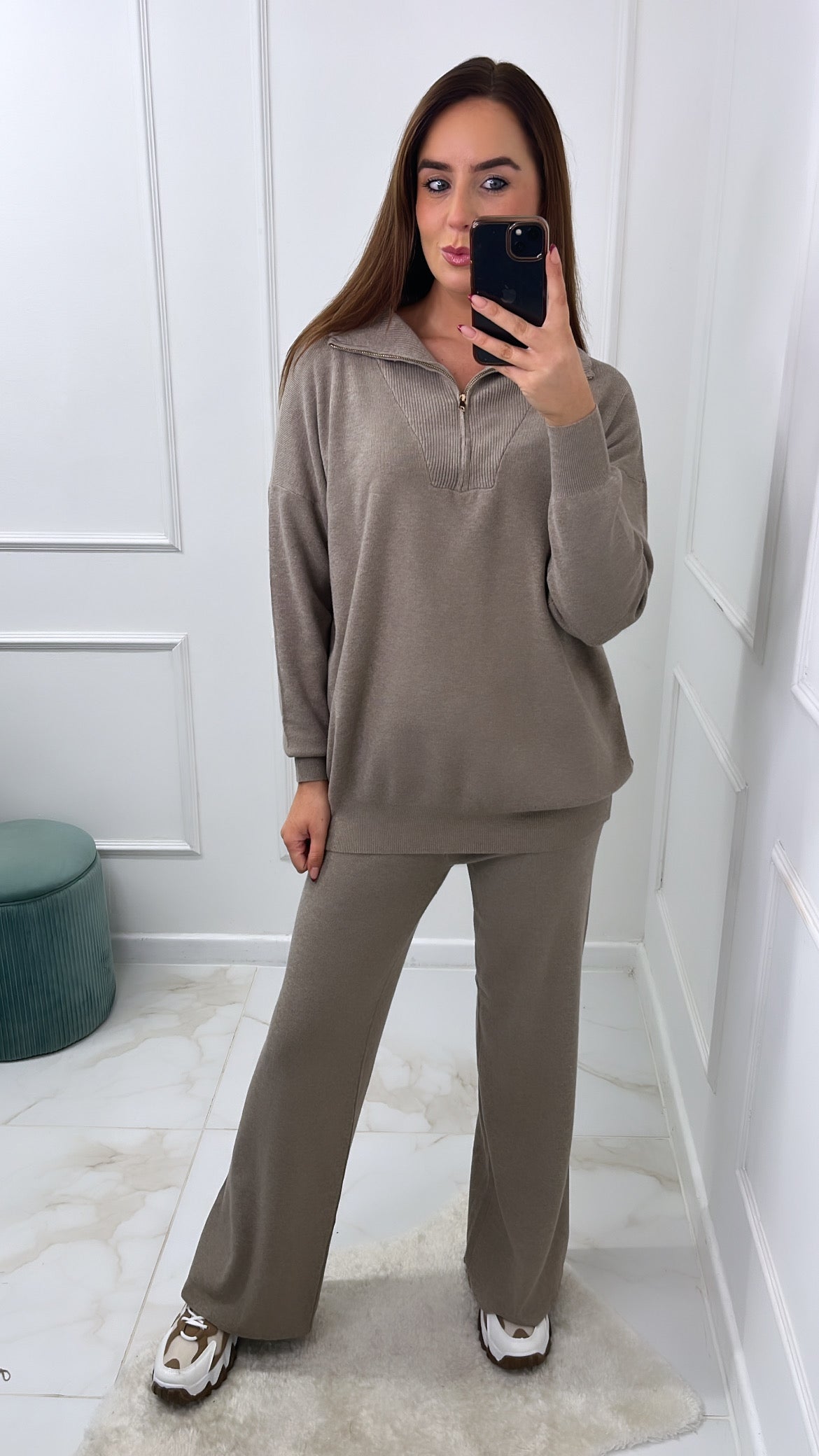 ARIELLA taupe half zip wide leg knit lounge set